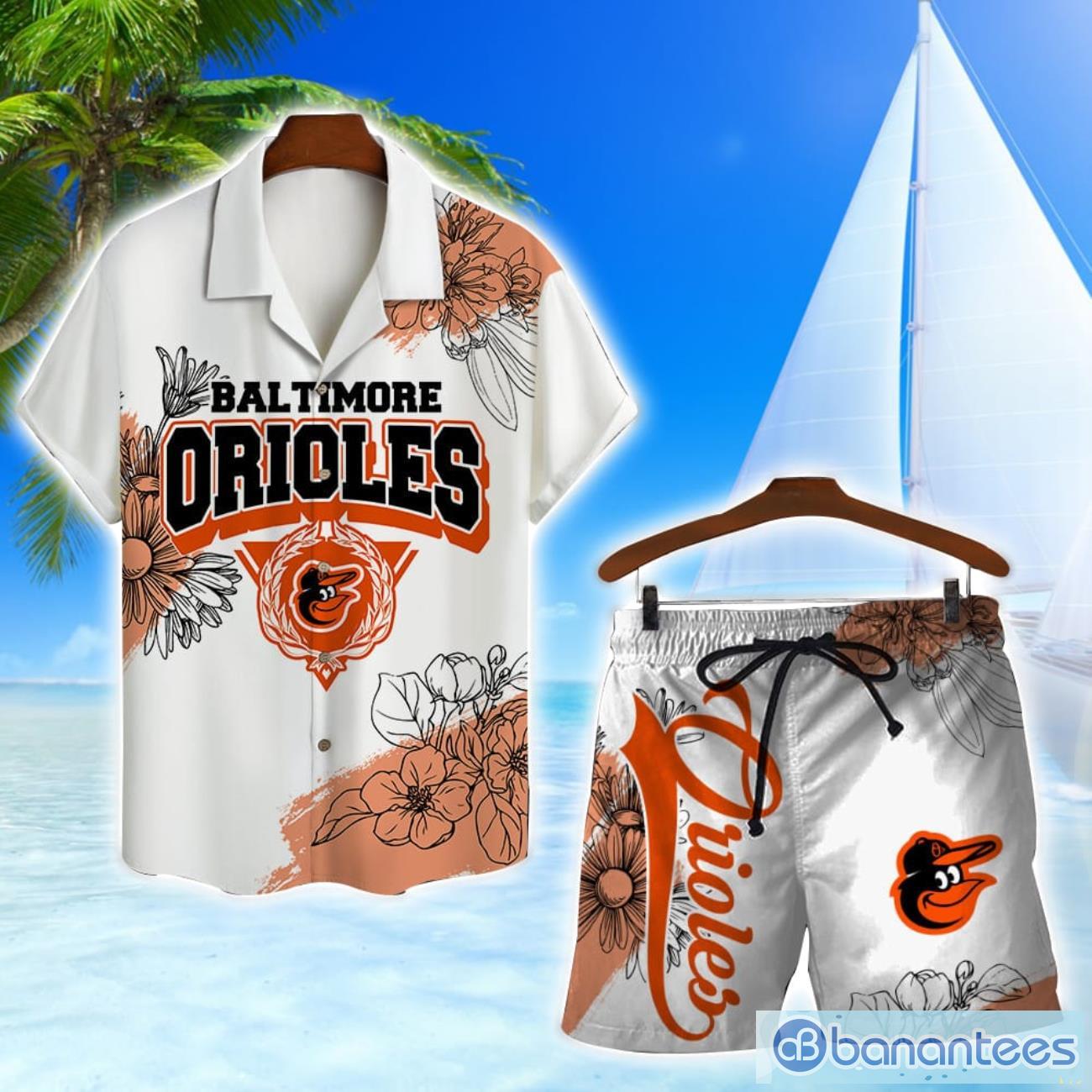 baltimore orioles team logo pattern white background 3d hawaiian shirt and shorts image Baltimore Orioles Team Logo Pattern White Background 3D Hawaiian Shirt And Shorts Product Photo 1