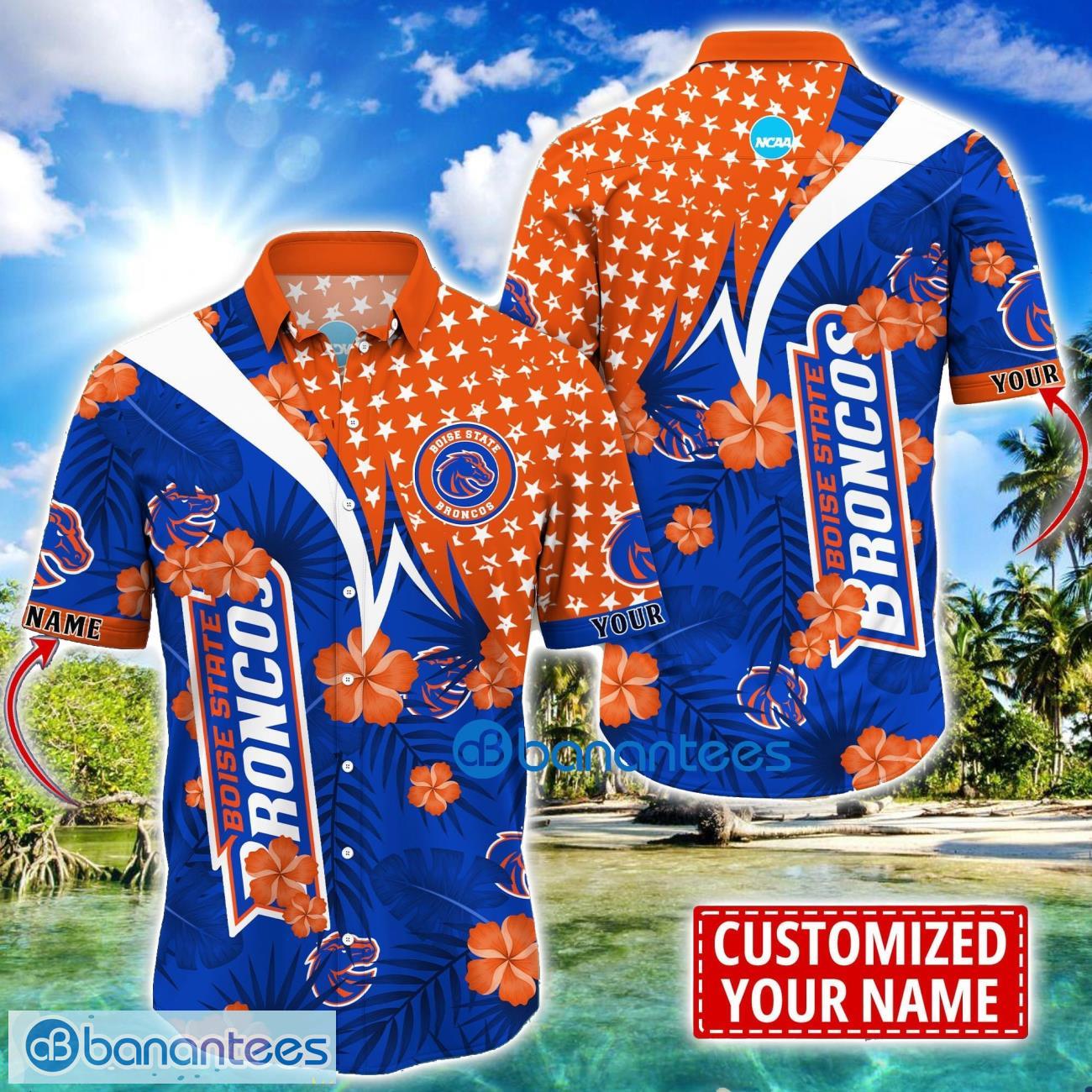 boise state broncos star and flower pattern tropical hawaiian shirt summer gift for men women custom name image Boise State Broncos Star and Flower Pattern Tropical Hawaiian Shirt Summer Gift For Men Women Custom Name Product Photo 1