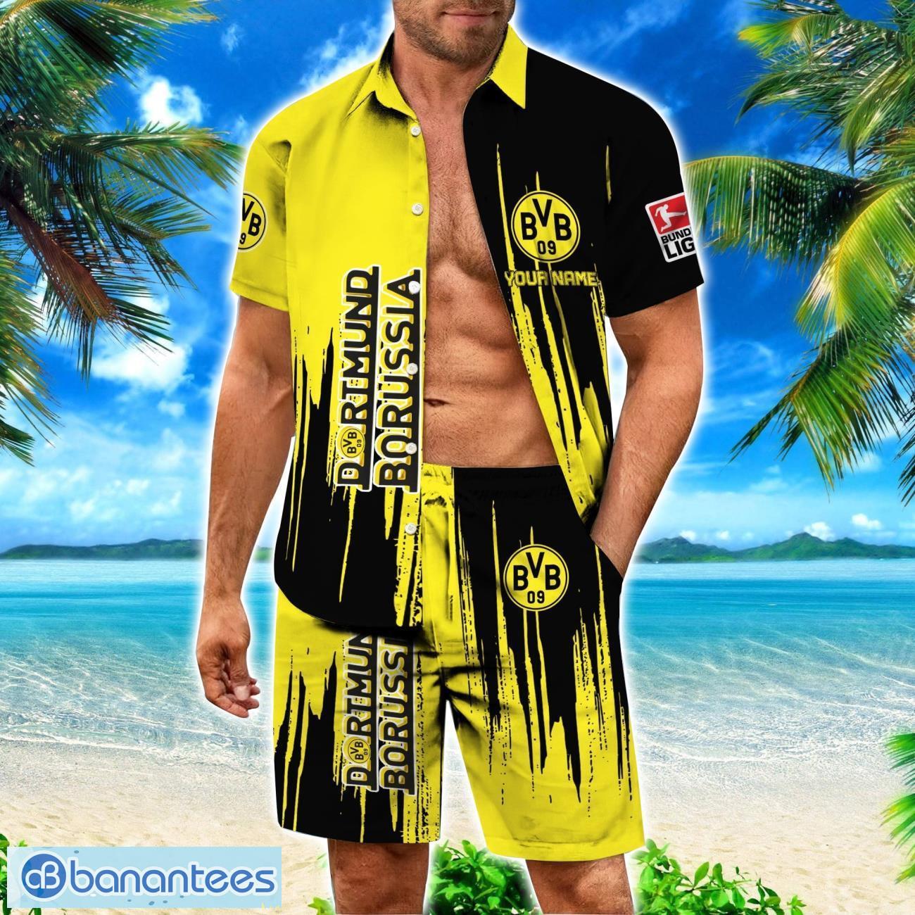 borussia dortmund custom name hawaiian shirt and beach shorts for fans summer gift image Borussia Dortmund Custom Name Hawaiian Shirt And Beach Shorts For Fans Summer Gift Product Photo 1