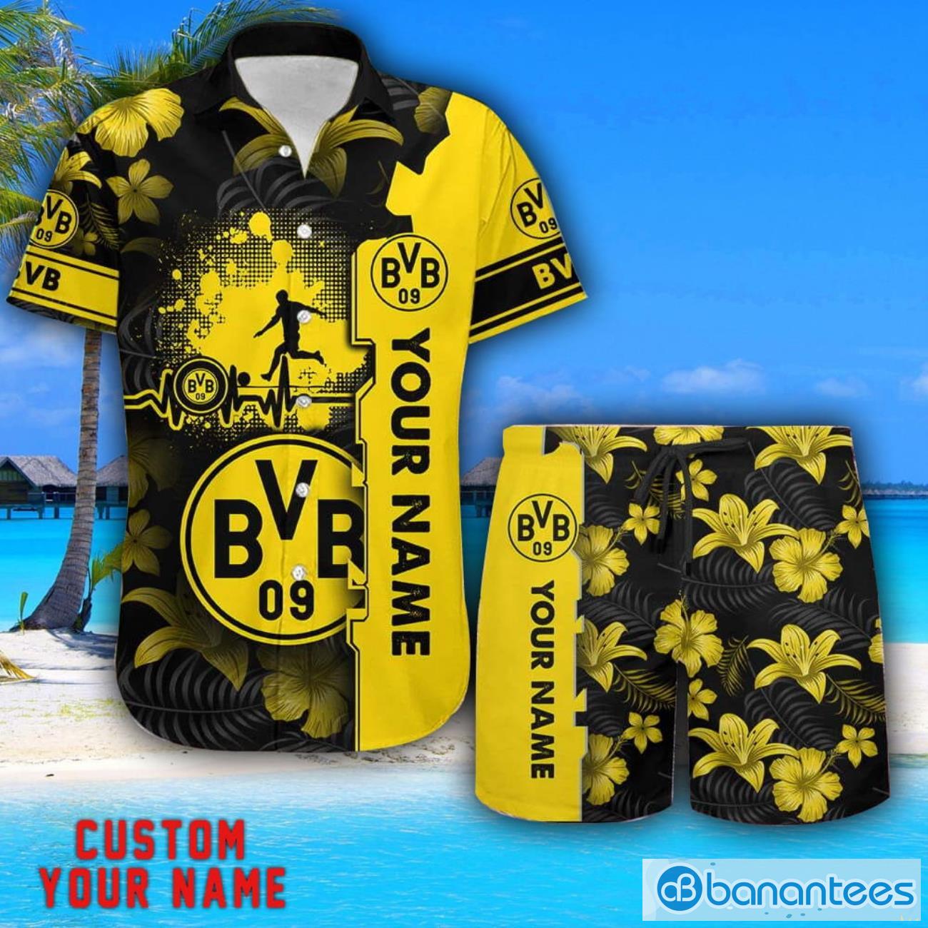 borussia dortmund tropical combo hawaiian shirt and shorts personalized name for fans image Borussia Dortmund Tropical Combo Hawaiian Shirt And Shorts Personalized Name For Fans Product Photo 1