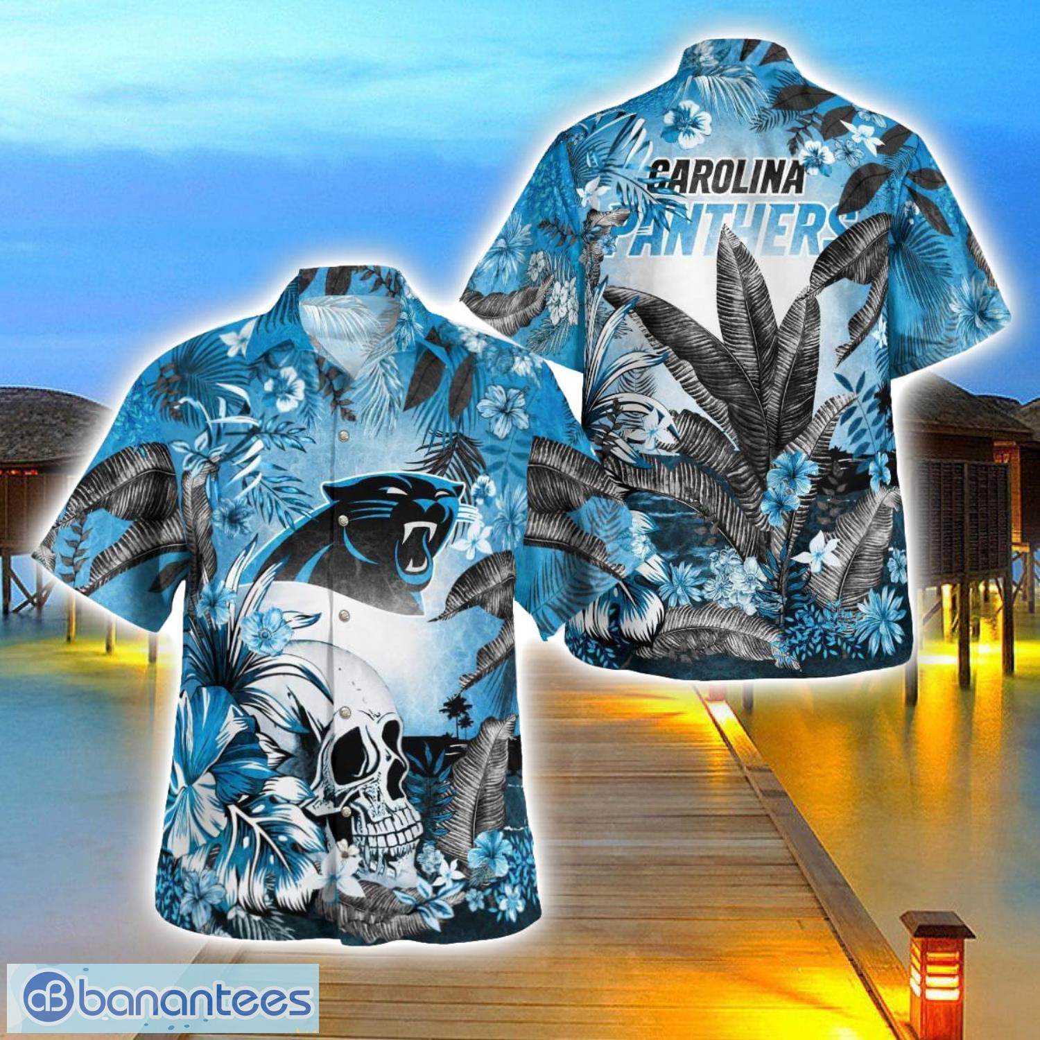 carolina panthers tropical floral skull 3d hawaiian shirt beach shirt halloween gift image Carolina Panthers Tropical Floral Skull 3D Hawaiian Shirt Beach Shirt Halloween Gift Product Photo 1