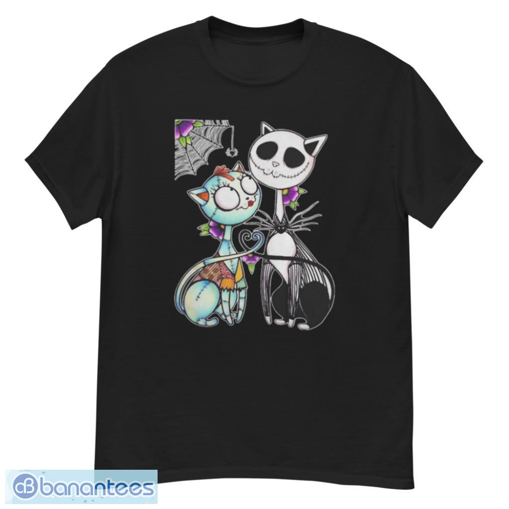 cat jack skellington and sally skull art happy halloween t shirt 1 image Cat Jack Skellington And Sally Skull Art Happy Halloween T Shirt Product Photo 2