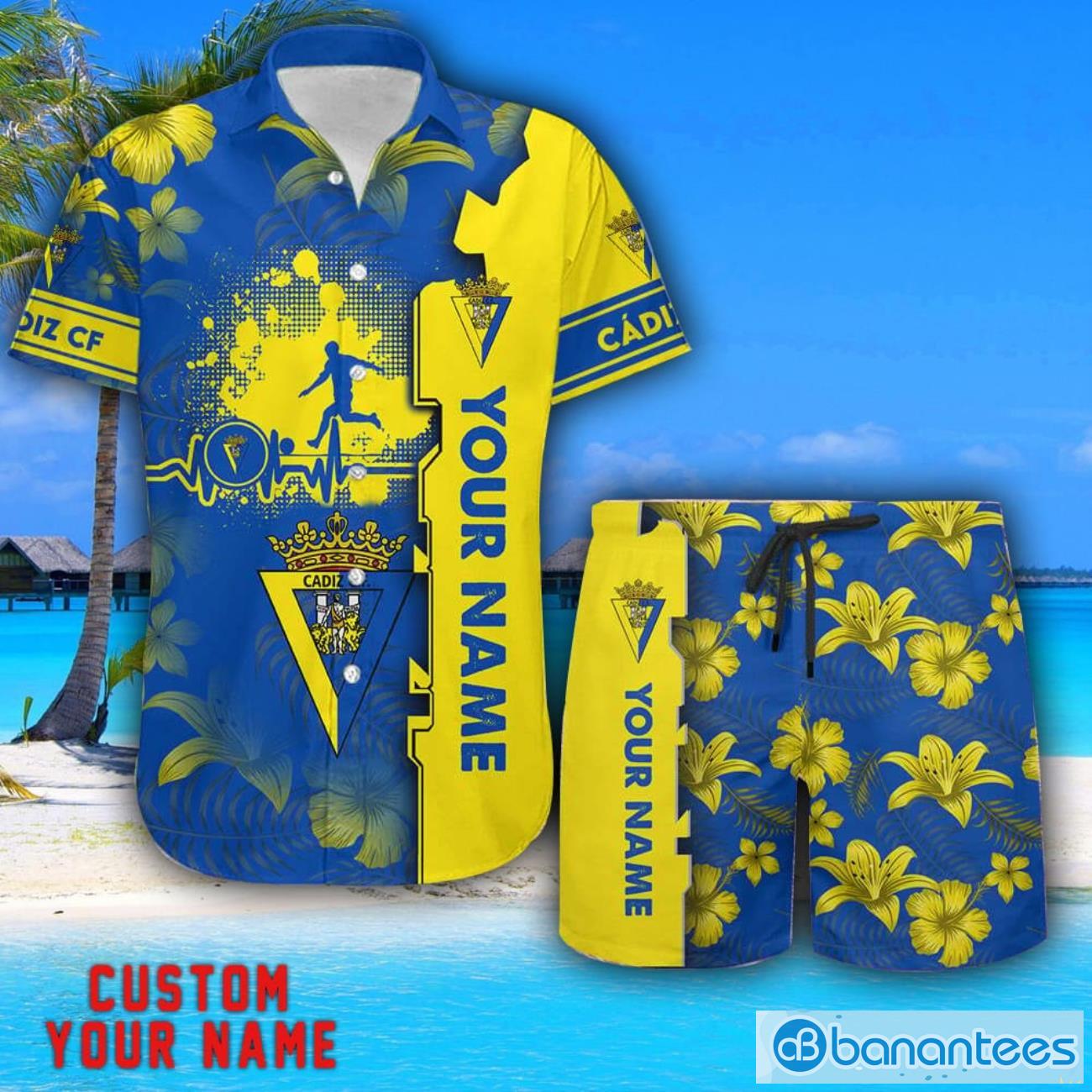 cdiz cf tropical combo hawaiian shirt and shorts personalized name for fans image Cádiz CF Tropical Combo Hawaiian Shirt And Shorts Personalized Name For Fans Product Photo 1