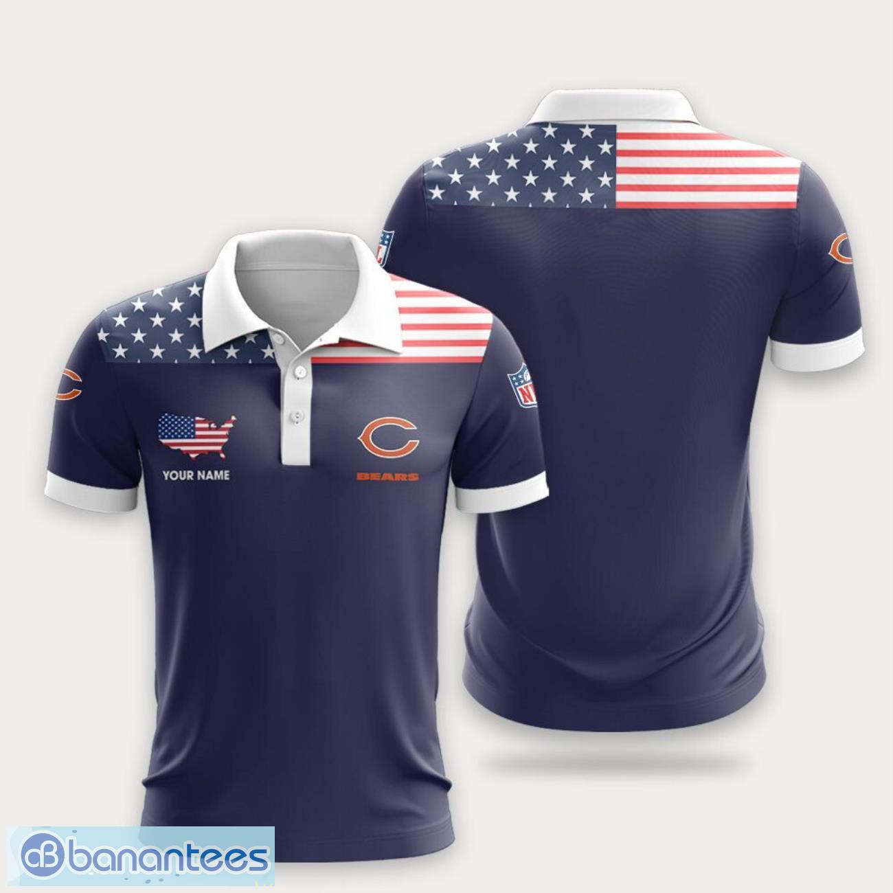 chicago bears flag pattern and sport team logo 3d polo shirt custom name for fans image Chicago Bears Flag Pattern And Sport Team Logo 3D Polo Shirt Custom Name For Fans Product Photo 1