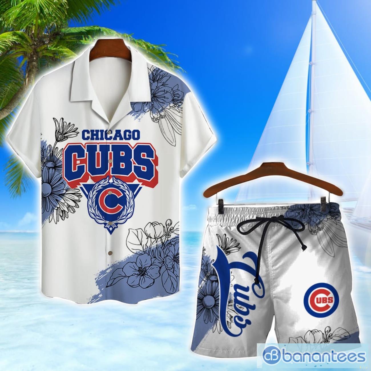 chicago cubs team logo pattern white background 3d hawaiian shirt and shorts image Chicago Cubs Team Logo Pattern White Background 3D Hawaiian Shirt And Shorts Product Photo 1