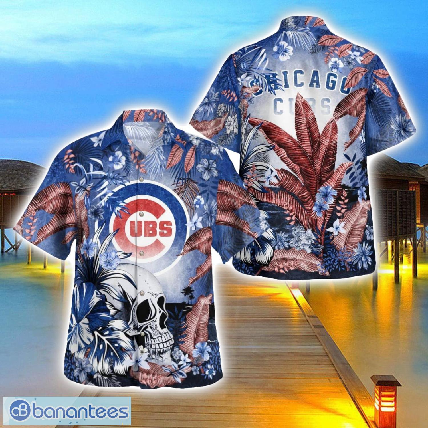 chicago cubs tropical floral skull 3d hawaiian shirt beach shirt halloween gift image Chicago Cubs Tropical Floral Skull 3D Hawaiian Shirt Beach Shirt Halloween Gift Product Photo 1