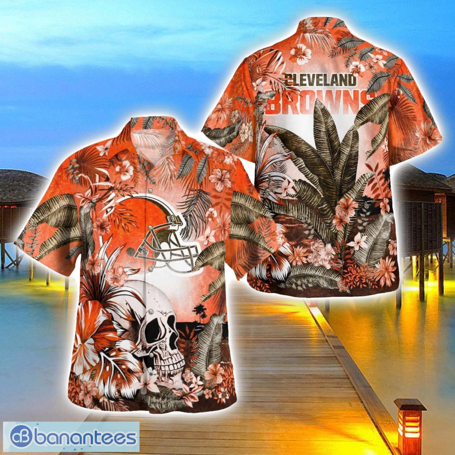 cleveland browns tropical floral skull 3d hawaiian shirt beach shirt halloween gift image Cleveland Browns Tropical Floral Skull 3D Hawaiian Shirt Beach Shirt Halloween Gift Product Photo 1