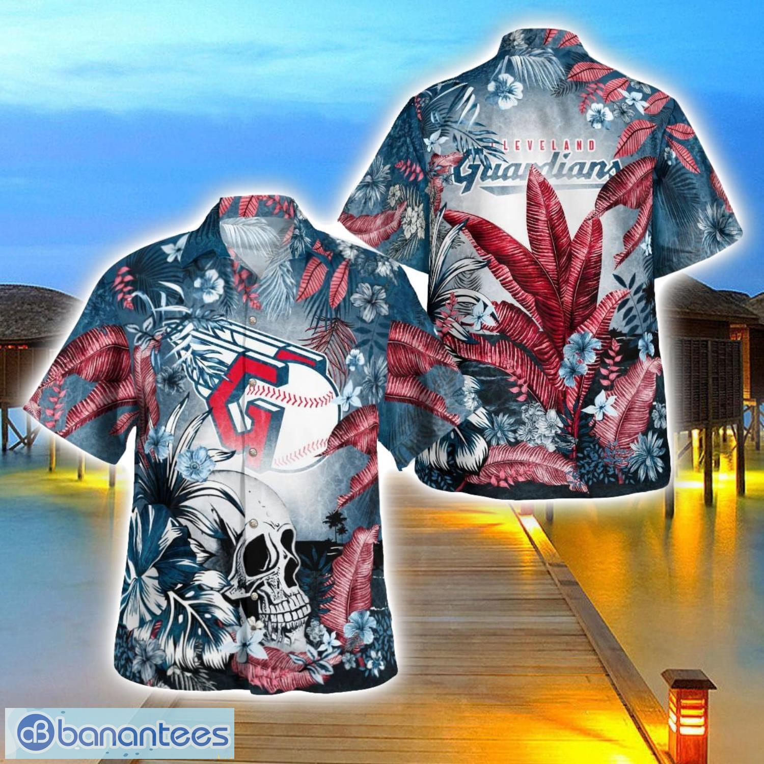 cleveland guardians tropical floral skull 3d hawaiian shirt beach shirt halloween gift image Cleveland Guardians Tropical Floral Skull 3D Hawaiian Shirt Beach Shirt Halloween Gift Product Photo 1