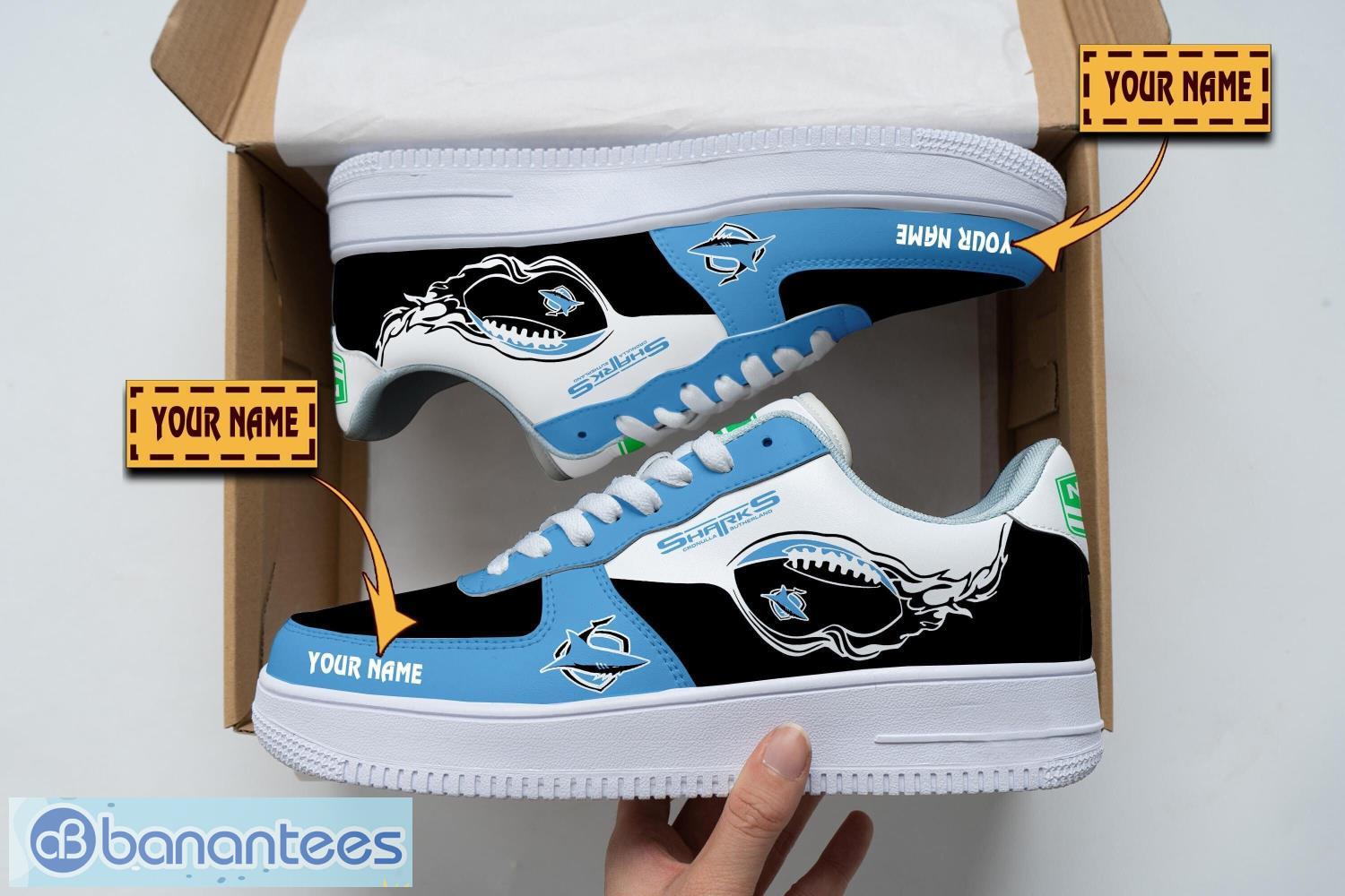 cronulla sharks air force shoes custom name men women gift af1 shoes image Cronulla Sharks Air Force Shoes Custom Name Men Women Gift AF1 Shoes Product Photo 1