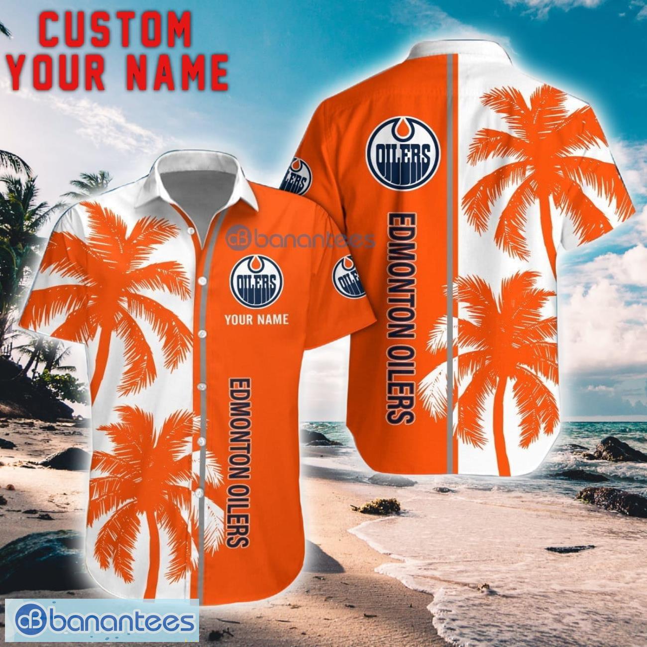 edmonton oilers coconut pattern hawaiian shirt and shorts personalized name unique gift for summer image Edmonton Oilers Coconut Pattern Hawaiian Shirt And Shorts Personalized Name Unique Gift For Summer Product Photo 1