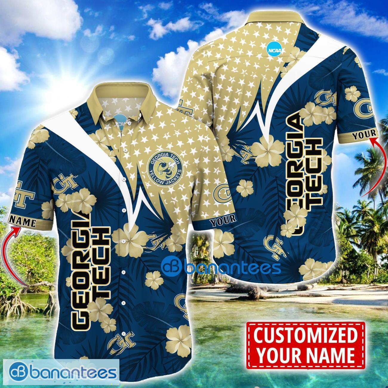 georgia tech yellow jackets star and flower pattern tropical hawaiian shirt summer gift for men women custom name image Georgia Tech Yellow Jackets Star and Flower Pattern Tropical Hawaiian Shirt Summer Gift For Men Women Custom Name Product Photo 1