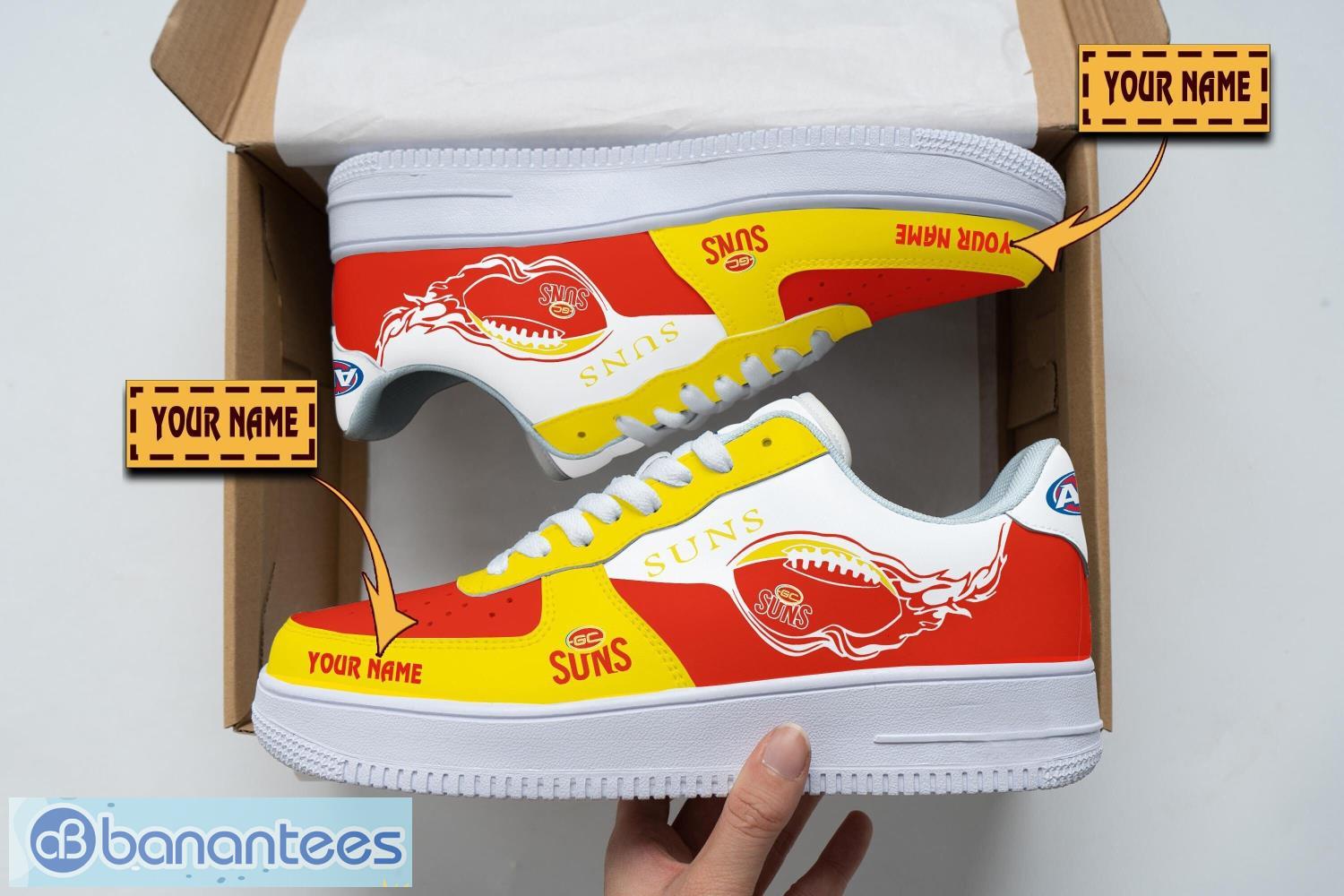 gold coast suns air force shoes custom name men women gift af1 shoes image Gold Coast Suns Air Force Shoes Custom Name Men Women Gift AF1 Shoes Product Photo 1
