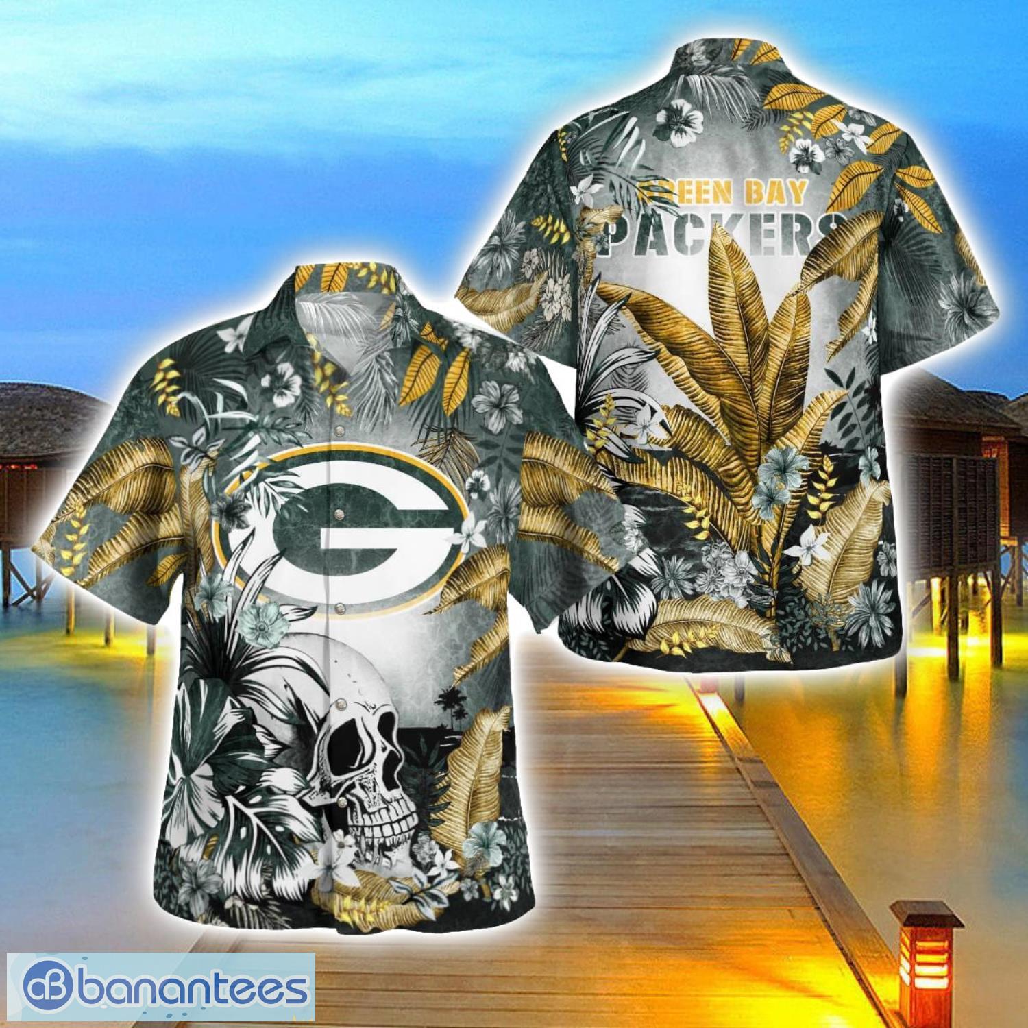 green bay packers tropical floral skull 3d hawaiian shirt beach shirt halloween gift image Green Bay Packers Tropical Floral Skull 3D Hawaiian Shirt Beach Shirt Halloween Gift Product Photo 1