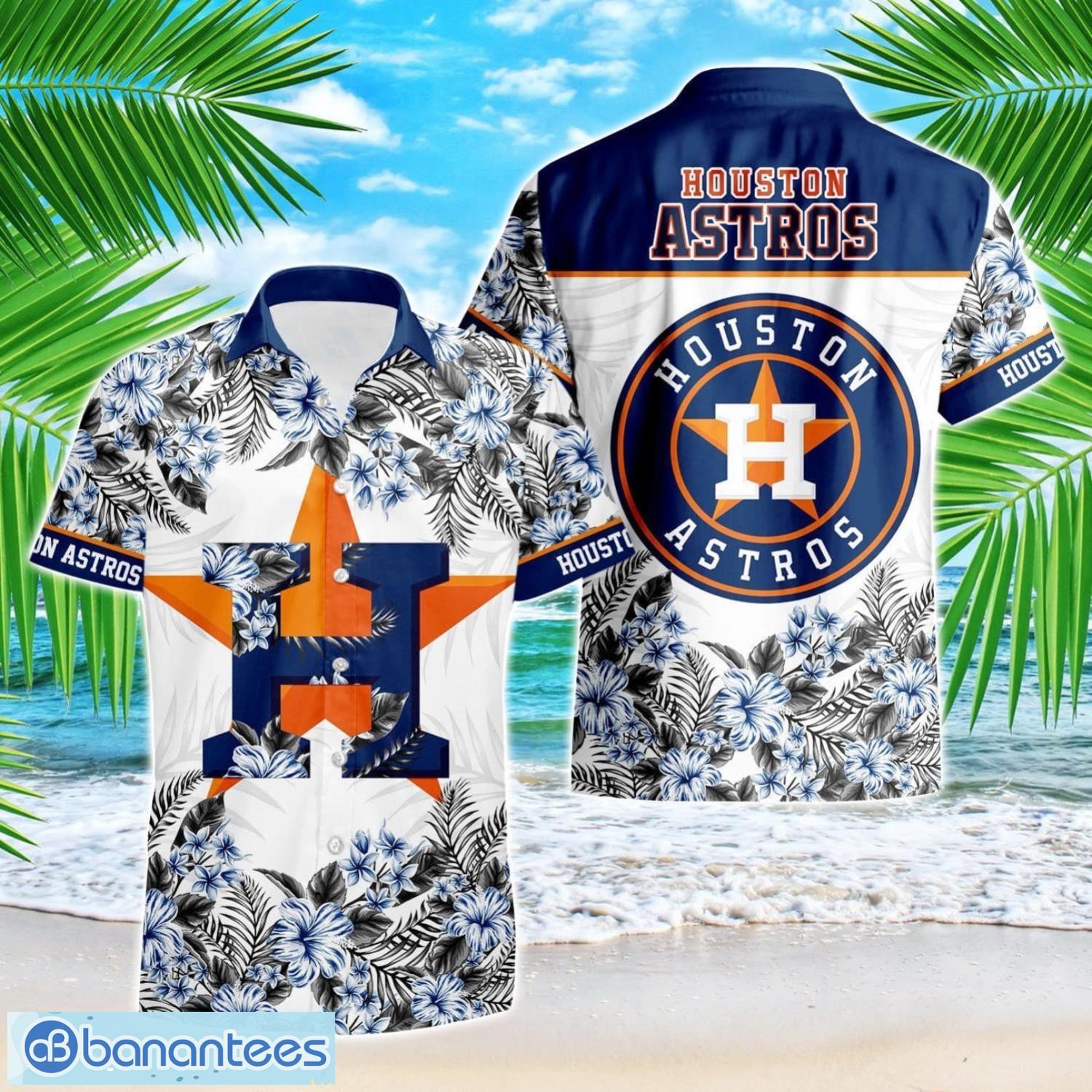 houston astros hibiscus plumeria flower 3d printed hawaiian shirt image Houston Astros Hibiscus Plumeria Flower 3D Printed Hawaiian Shirt Product Photo 1