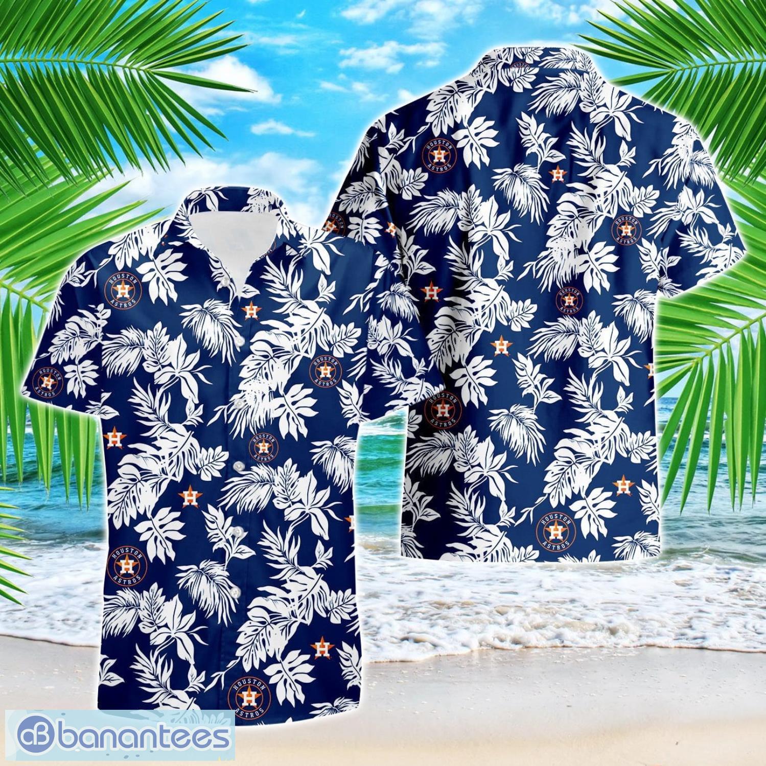 houston astros tropical leaf 3d printed hawaiian shirt beach team gift image Houston Astros Tropical Leaf 3D Printed Hawaiian Shirt Beach Team Gift Product Photo 1