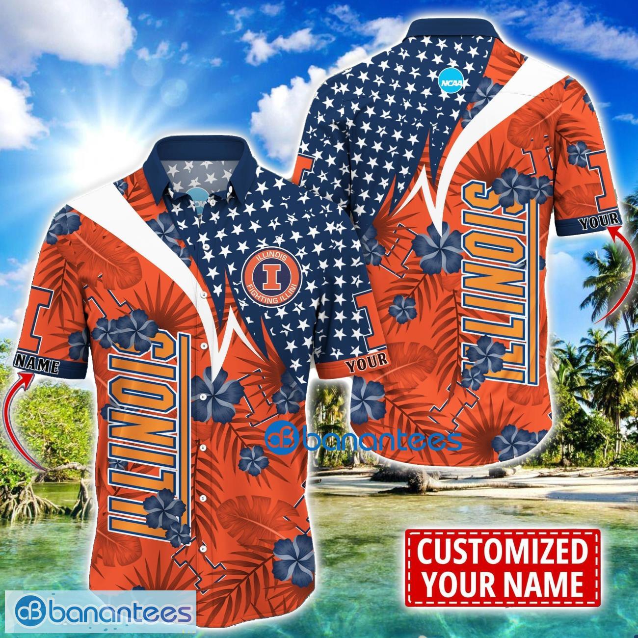 illinois fighting illini star and flower pattern tropical hawaiian shirt summer gift for men women custom name image Illinois Fighting Illini Star and Flower Pattern Tropical Hawaiian Shirt Summer Gift For Men Women Custom Name Product Photo 1