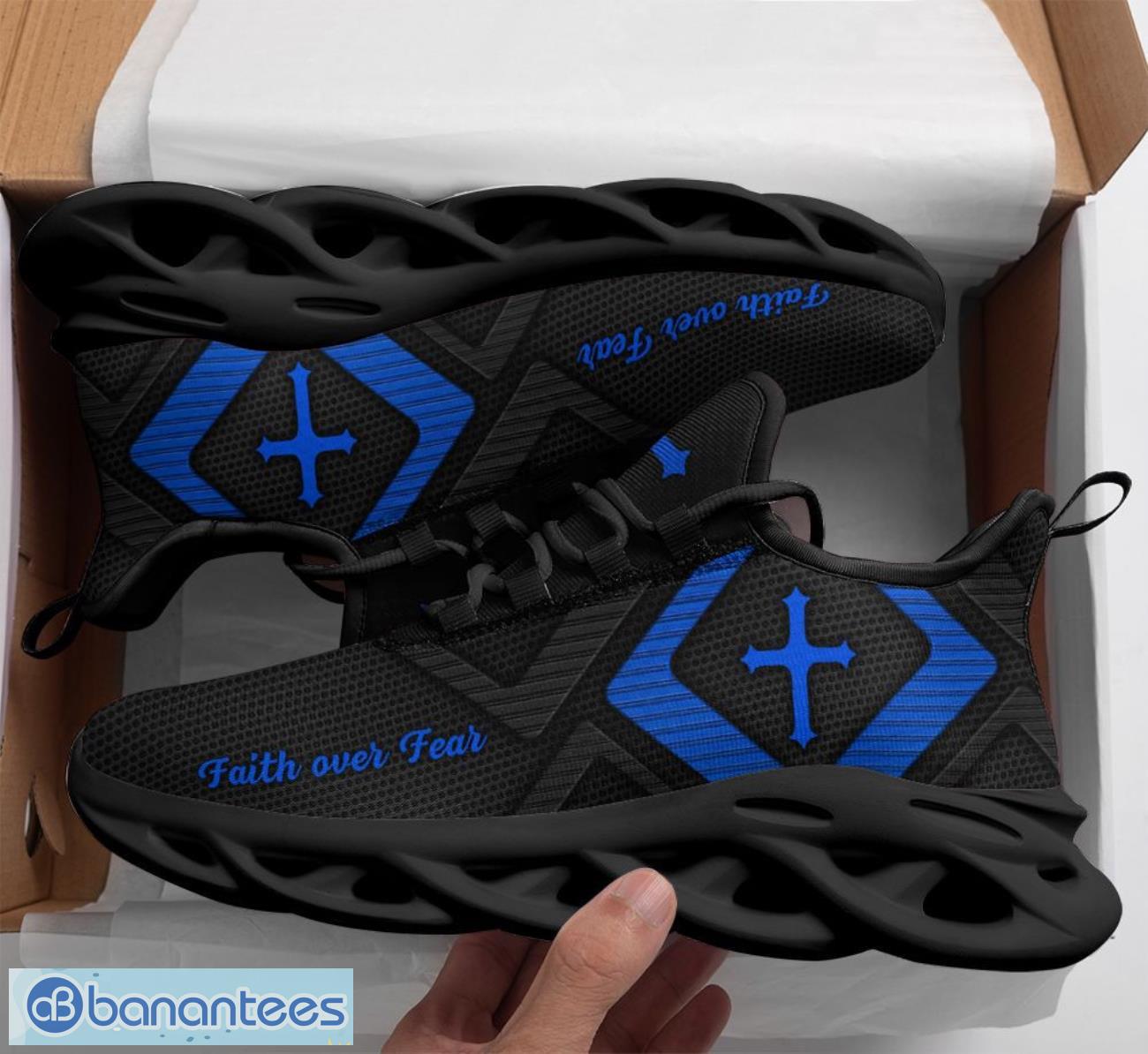 jesus faith over fear black blue clunky max soul shoes running sneakers 1 image Jesus Faith Over Fear Black Blue Clunky Max Soul Shoes Running Sneakers Product Photo 2