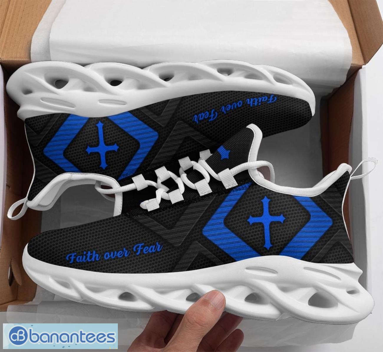 jesus faith over fear black blue clunky max soul shoes running sneakers image Jesus Faith Over Fear Black Blue Clunky Max Soul Shoes Running Sneakers Product Photo 1