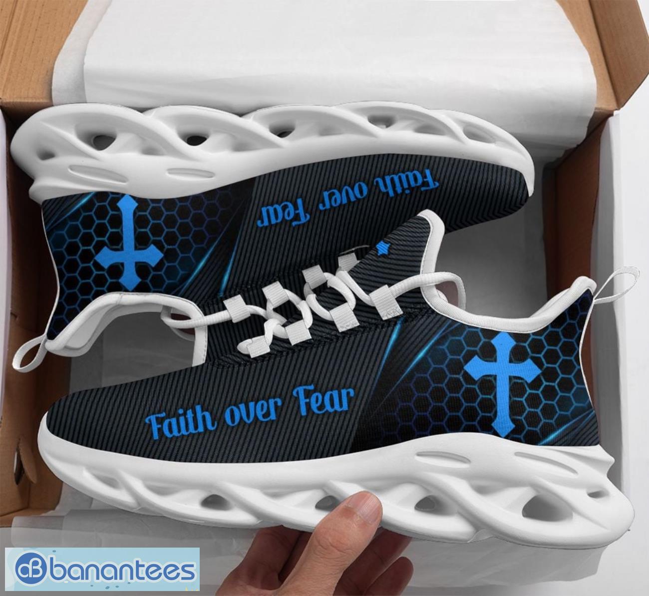 jesus faith over fear clunky blue cross max soul shoes running sneakers image Jesus Faith Over Fear Clunky Blue Cross Max Soul Shoes Running Sneakers Product Photo 1