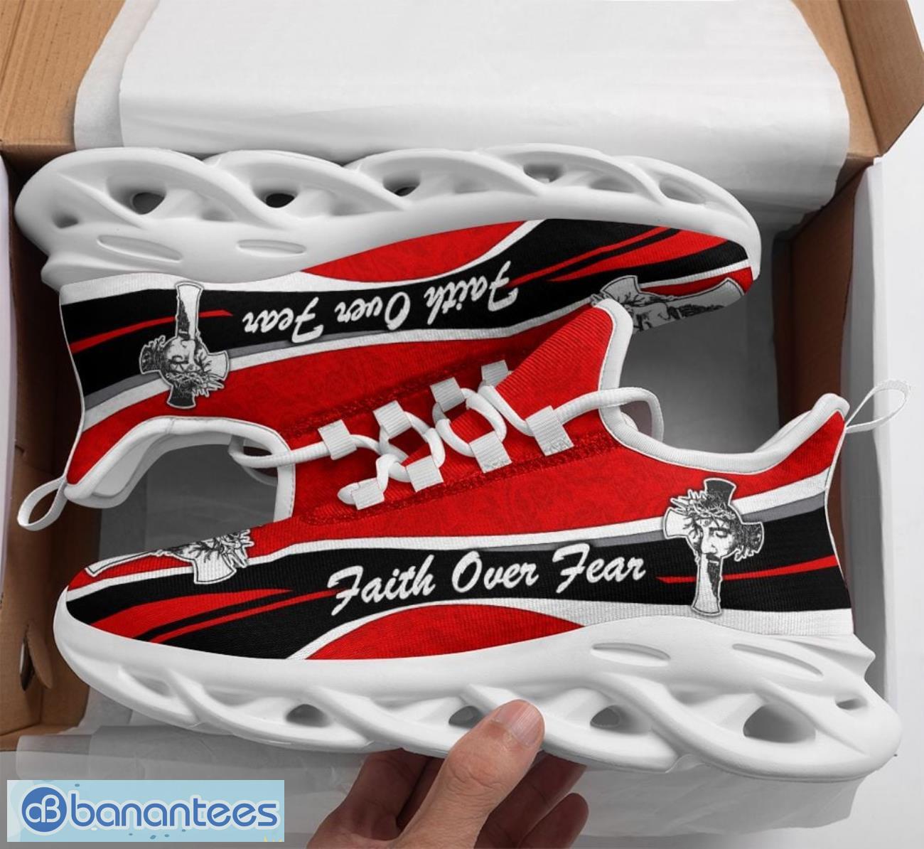 jesus faith over fear clunky max soul shoes red running sneakers image Jesus Faith Over Fear Clunky Max Soul Shoes Red Running Sneakers Product Photo 1