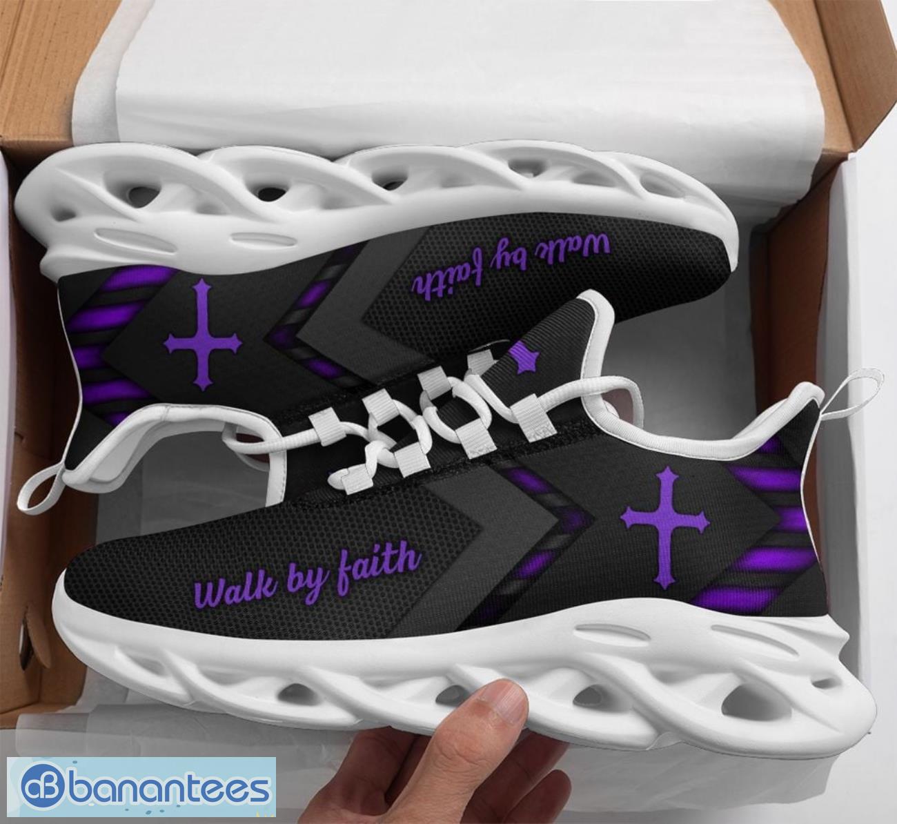 jesus faith over fear clunky max soul shoes running sneakers purple striped image Jesus Faith Over Fear Clunky Max Soul Shoes Running Sneakers Purple Striped Product Photo 1