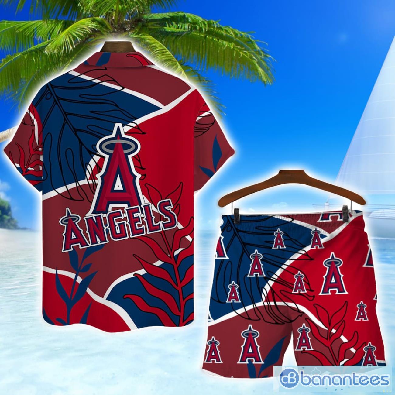 los angeles angels team logo colorful pattern hawaiian shirt and shorts set 1 image Los Angeles Angels Team Logo Colorful Pattern Hawaiian Shirt And Shorts Set Product Photo 2