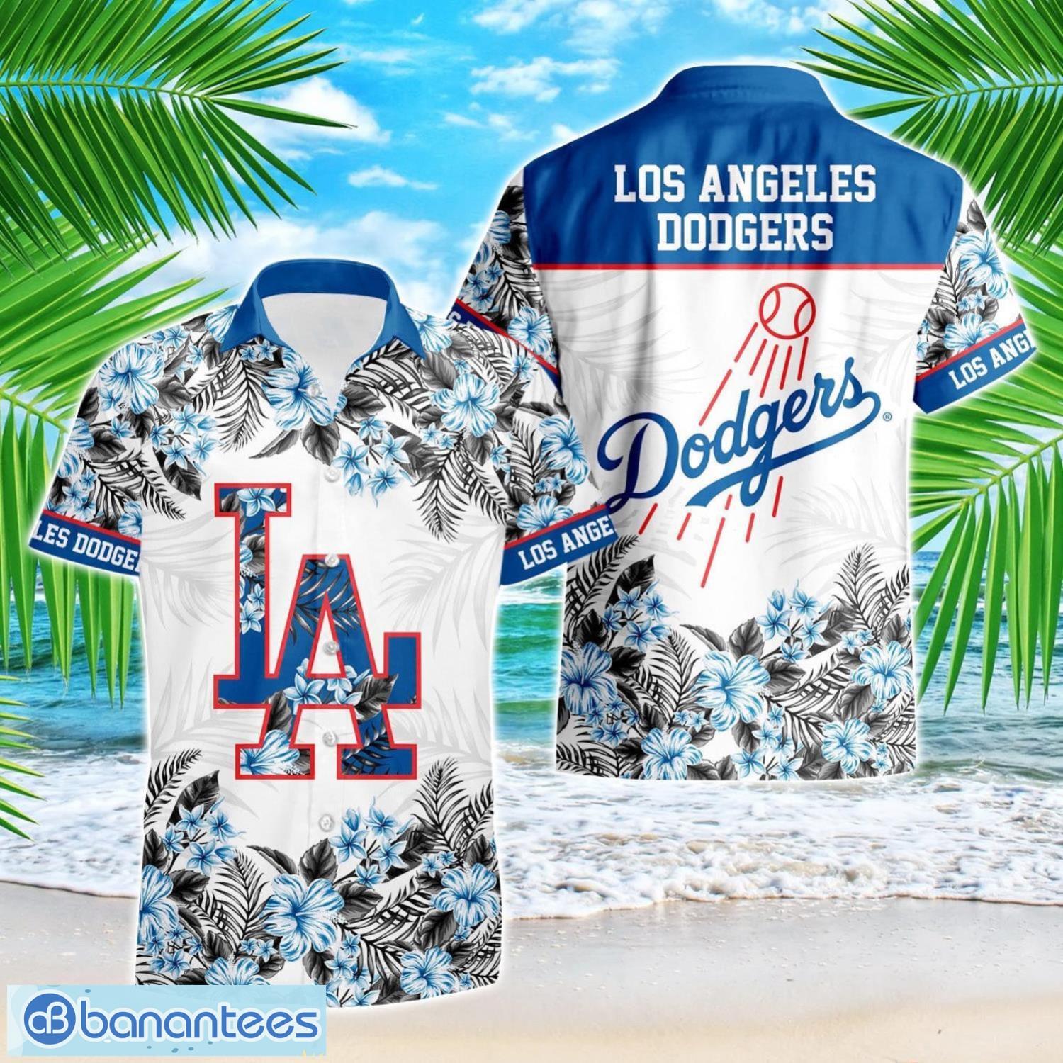 los angeles dodgers hibiscus plumeria flower 3d printed hawaiian shirt image Los Angeles Dodgers Hibiscus Plumeria Flower 3D Printed Hawaiian Shirt Product Photo 1