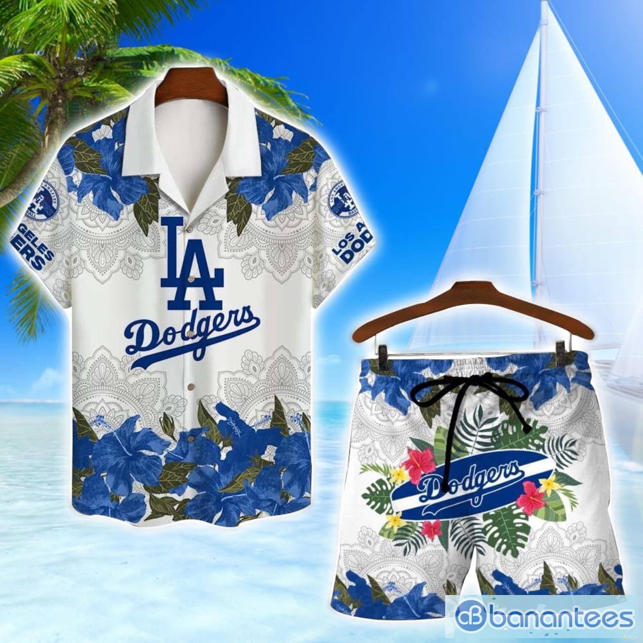 los angeles dodgers mlb summer flower pattern tropical hawaiian shirt and shorts image Los Angeles Dodgers MLB Summer Flower Pattern Tropical Hawaiian Shirt And Shorts Product Photo 1
