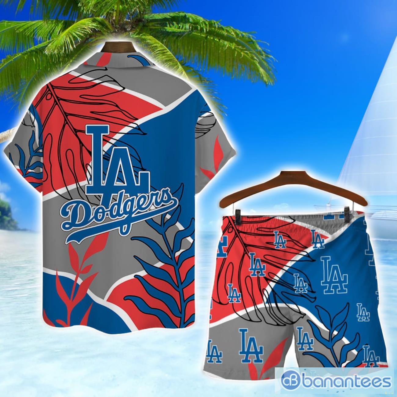 los angeles dodgers team logo colorful pattern hawaiian shirt and shorts set 1 image Los Angeles Dodgers Team Logo Colorful Pattern Hawaiian Shirt And Shorts Set Product Photo 2