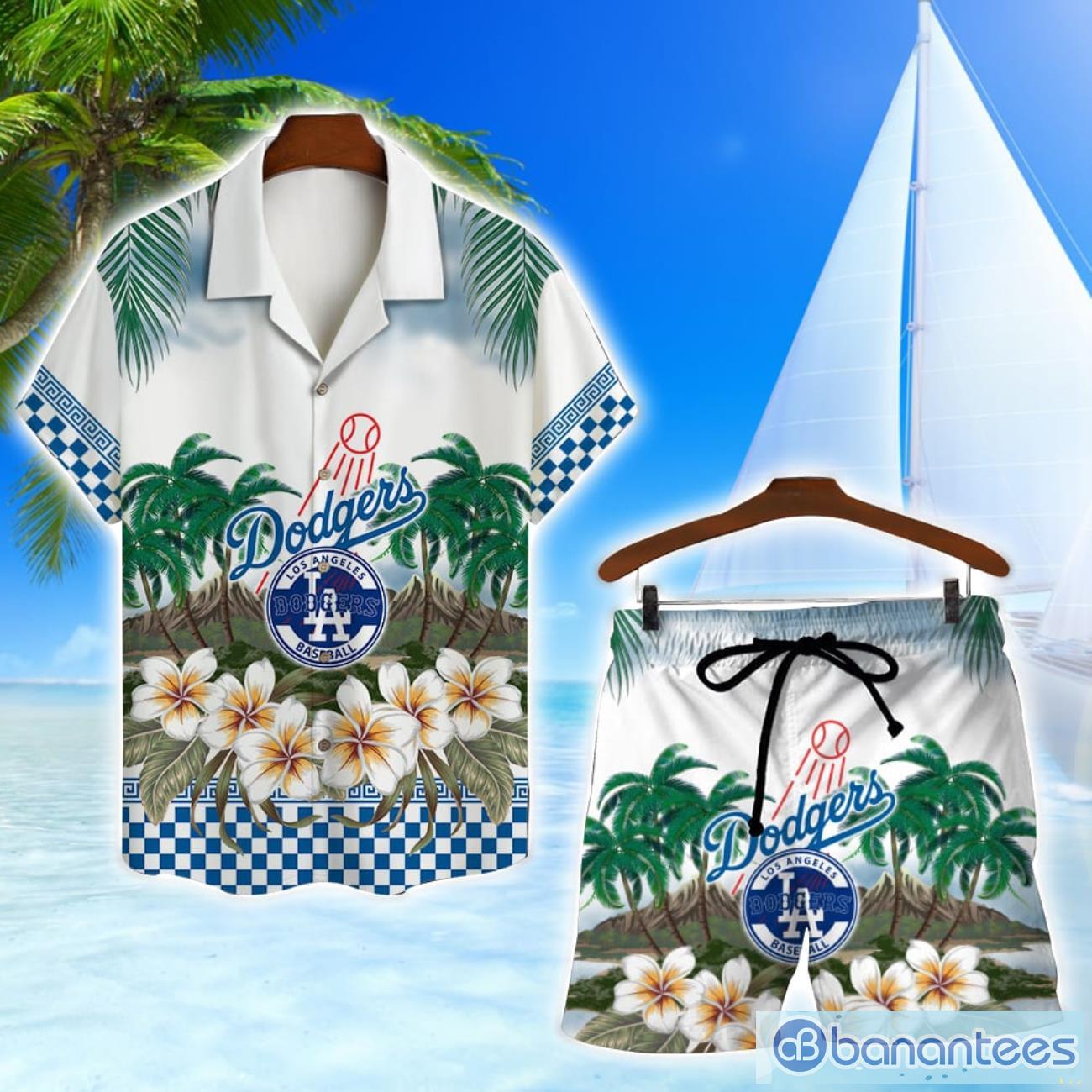 los angeles dodgers team logo flower hawaiian shirt and shorts beach gift image Los Angeles Dodgers Team Logo Flower Hawaiian Shirt And Shorts Beach Gift Product Photo 1