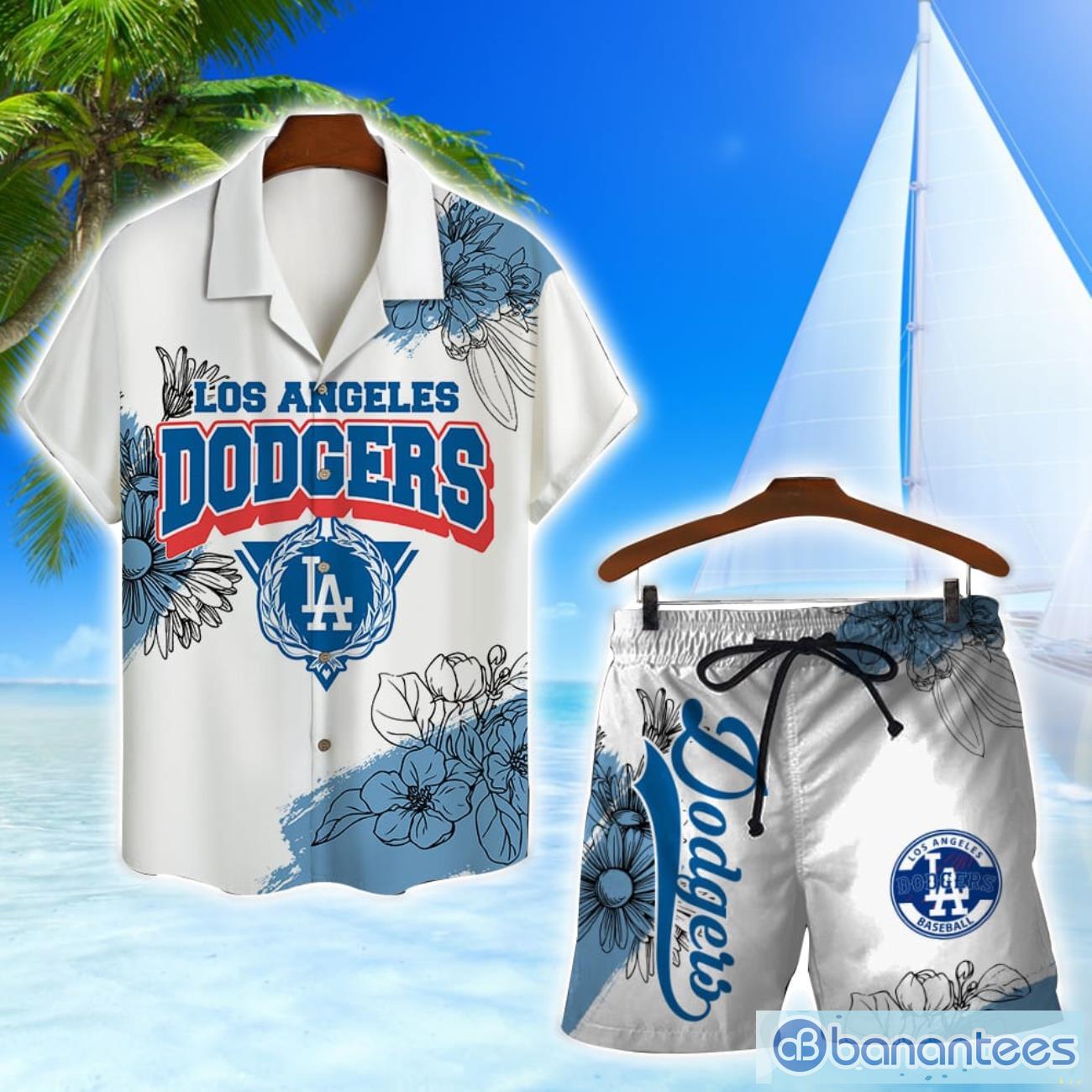 los angeles dodgers team logo pattern white background 3d hawaiian shirt and shorts image Los Angeles Dodgers Team Logo Pattern White Background 3D Hawaiian Shirt And Shorts Product Photo 1