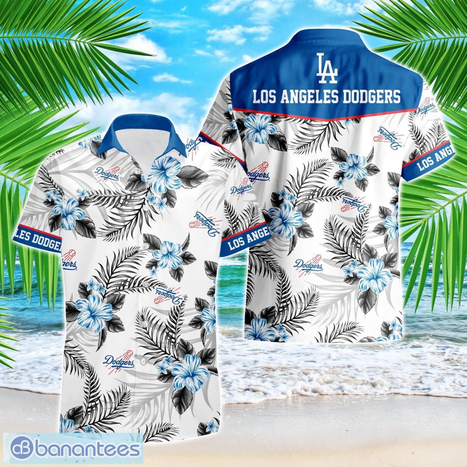 los angeles dodgers tropical floral logo hawaiian shirt image Los Angeles Dodgers Tropical Floral Logo Hawaiian Shirt Product Photo 1
