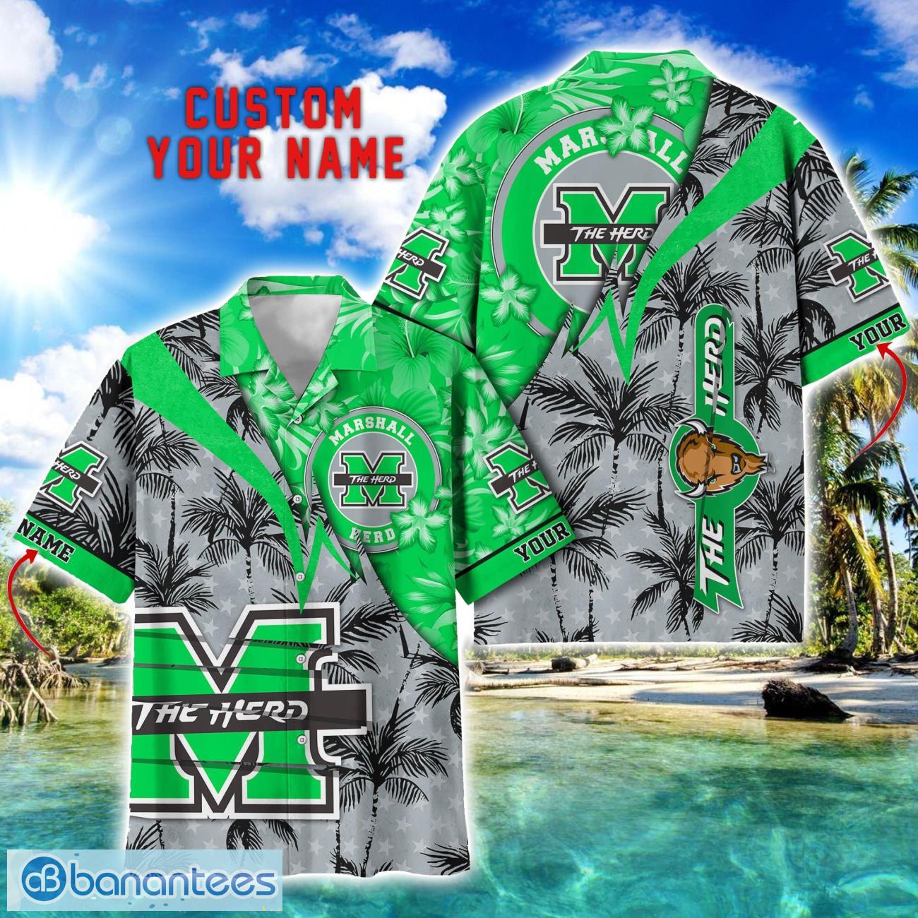 marshall thundering herd hawaii shirt vintage coconut pattern tropical hawaiian football beach shirts custom name image Marshall Thundering Herd Hawaii Shirt Vintage coconut Pattern Tropical Hawaiian Football Beach Shirts Custom Name Product Photo 1