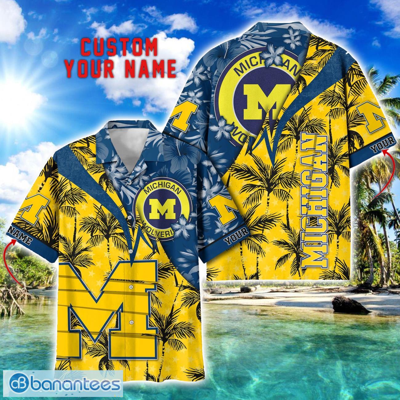 michigan wolverines hawaii shirt vintage coconut pattern tropical hawaiian football beach shirts custom name image Michigan Wolverines Hawaii Shirt Vintage coconut Pattern Tropical Hawaiian Football Beach Shirts Custom Name Product Photo 1