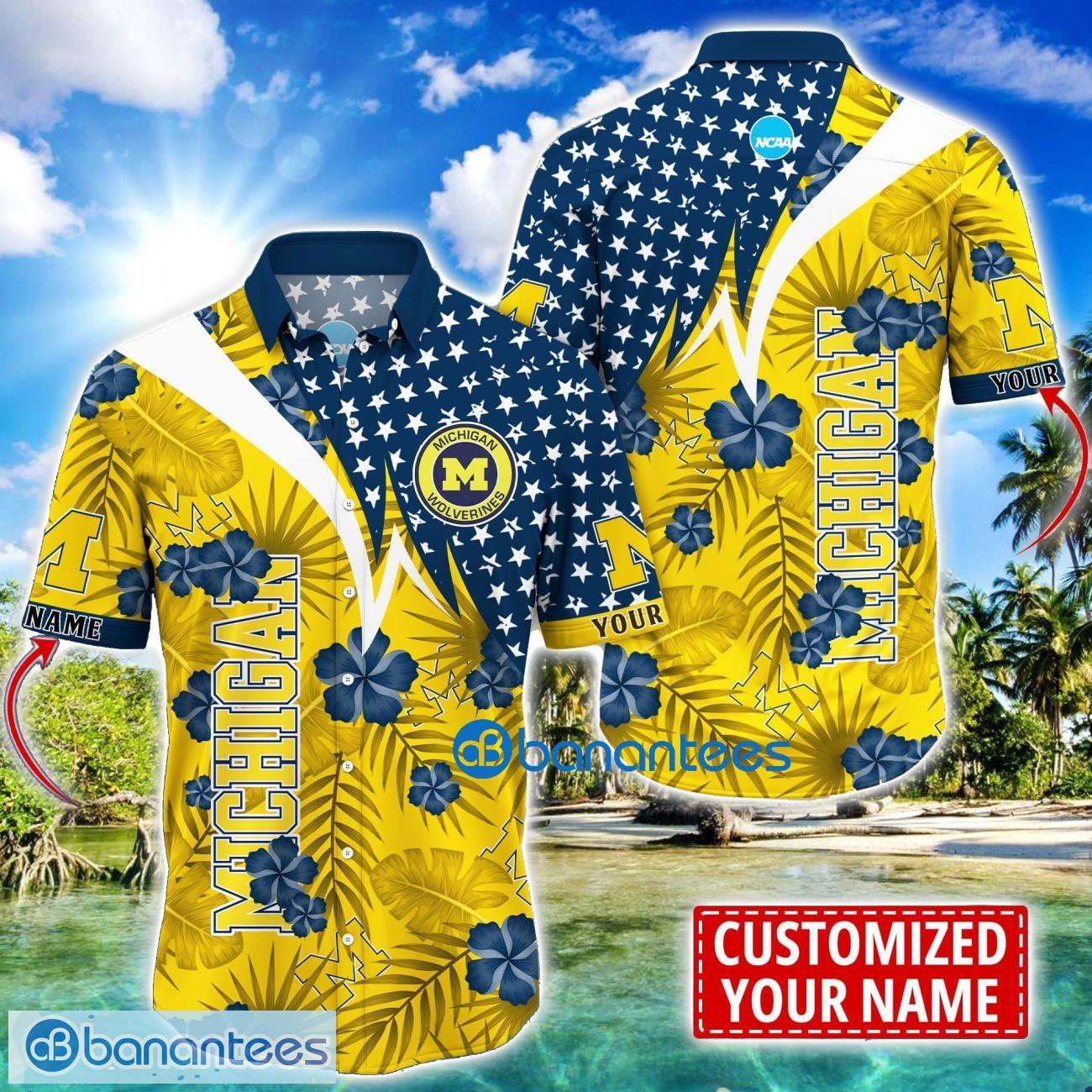 michigan wolverines star and flower pattern tropical hawaiian shirt summer gift for men women custom name image Michigan Wolverines Star and Flower Pattern Tropical Hawaiian Shirt Summer Gift For Men Women Custom Name Product Photo 1