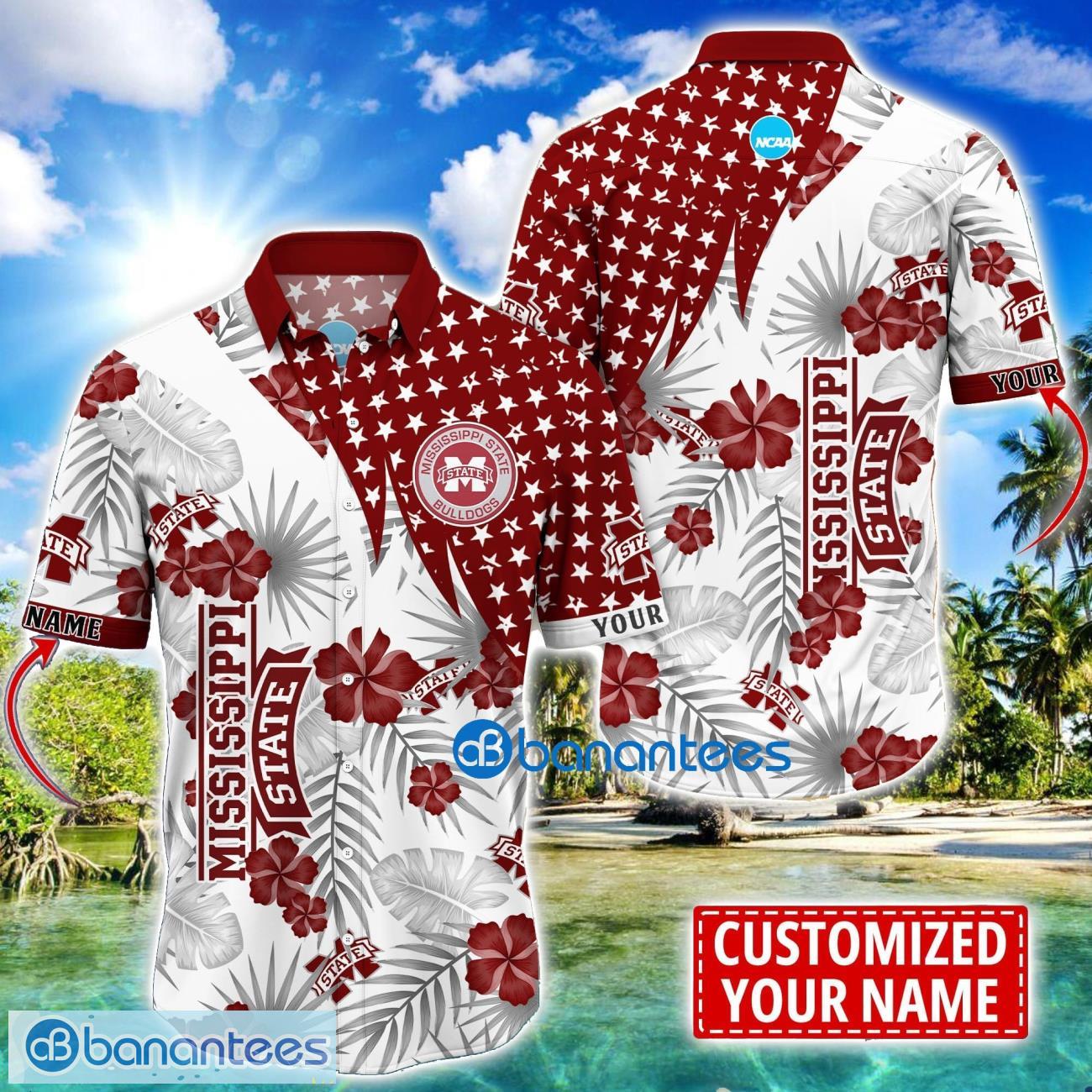 mississippi state bulldogs star and flower pattern tropical hawaiian shirt summer gift for men women custom name image Mississippi State Bulldogs Star and Flower Pattern Tropical Hawaiian Shirt Summer Gift For Men Women Custom Name Product Photo 1