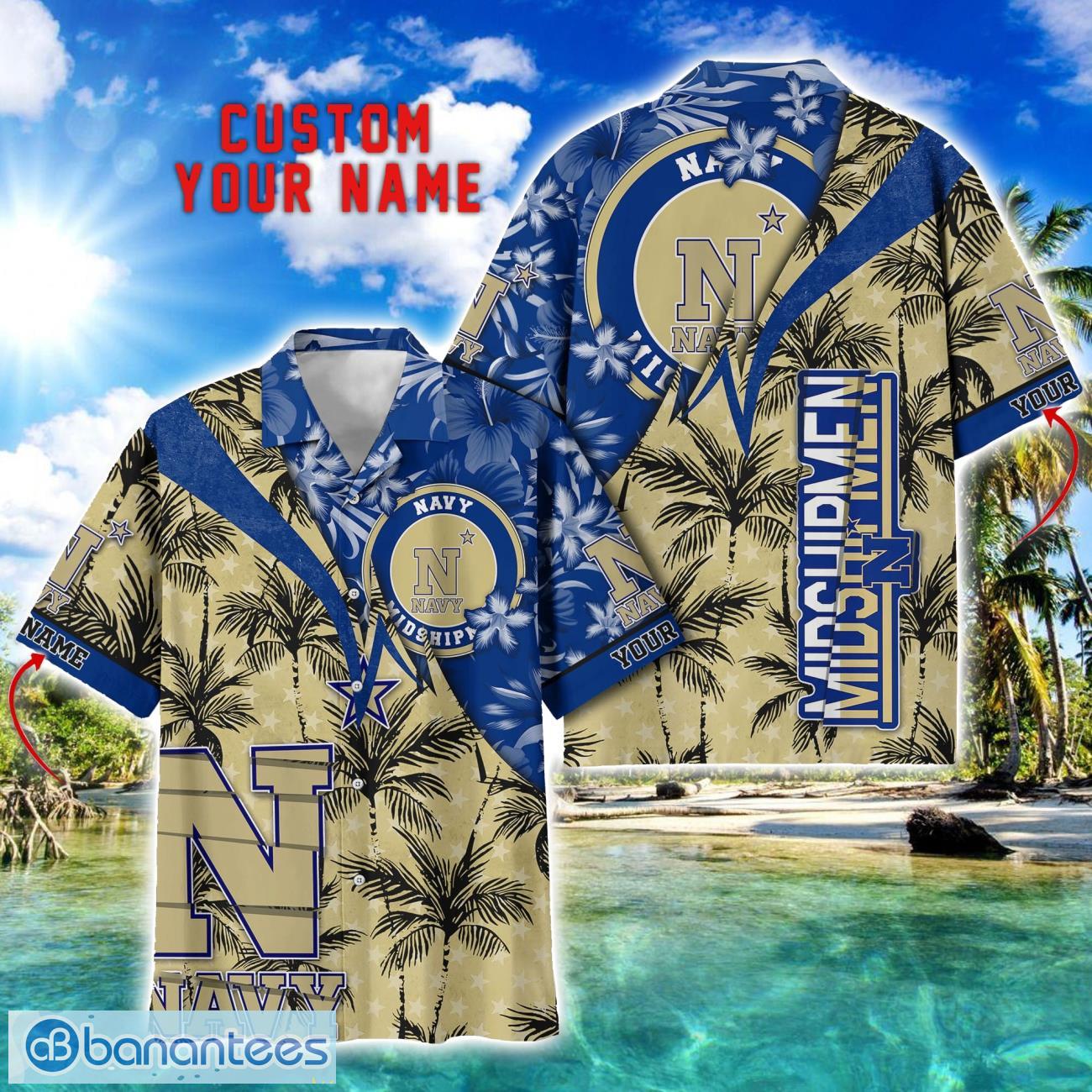 navy midshipmen hawaii shirt vintage coconut pattern tropical hawaiian football beach shirts custom name image Navy Midshipmen Hawaii Shirt Vintage coconut Pattern Tropical Hawaiian Football Beach Shirts Custom Name Product Photo 1