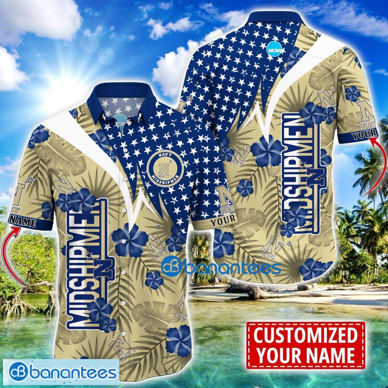 navy midshipmen star and flower pattern tropical hawaiian shirt summer gift for men women custom name image Navy Midshipmen Star and Flower Pattern Tropical Hawaiian Shirt Summer Gift For Men Women Custom Name Product Photo 1