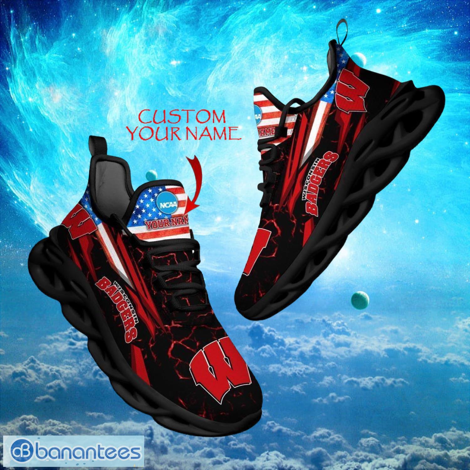 ncaa wisconsin badgers design for fans loves custom your name max soul shoes image NCAA Wisconsin Badgers Design For Fans Loves Custom Your Name Max Soul Shoes Product Photo 1