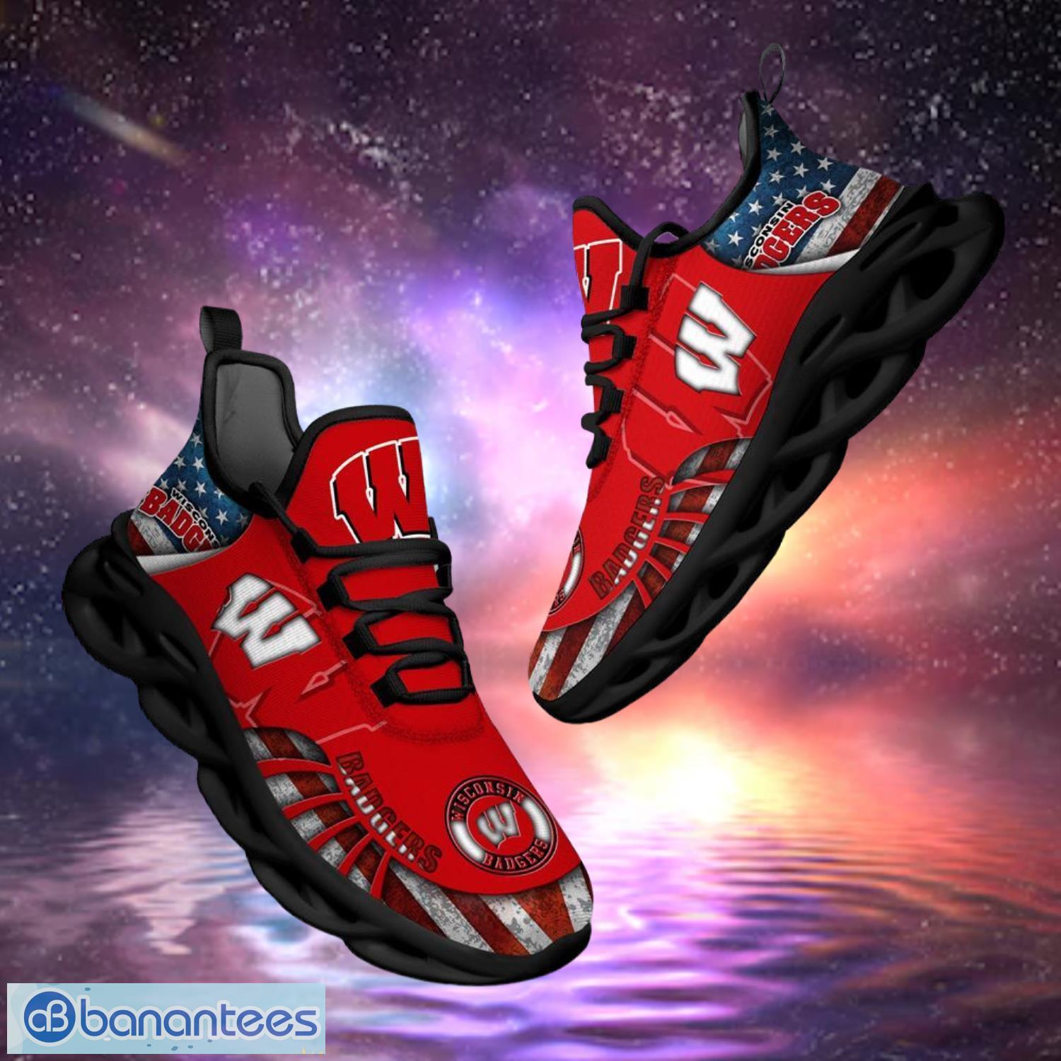 ncaa wisconsin badgers design logo america flag gift for fans max shoes image NCAA Wisconsin Badgers Design Logo & America Flag Gift For Fans Max Shoes Product Photo 1