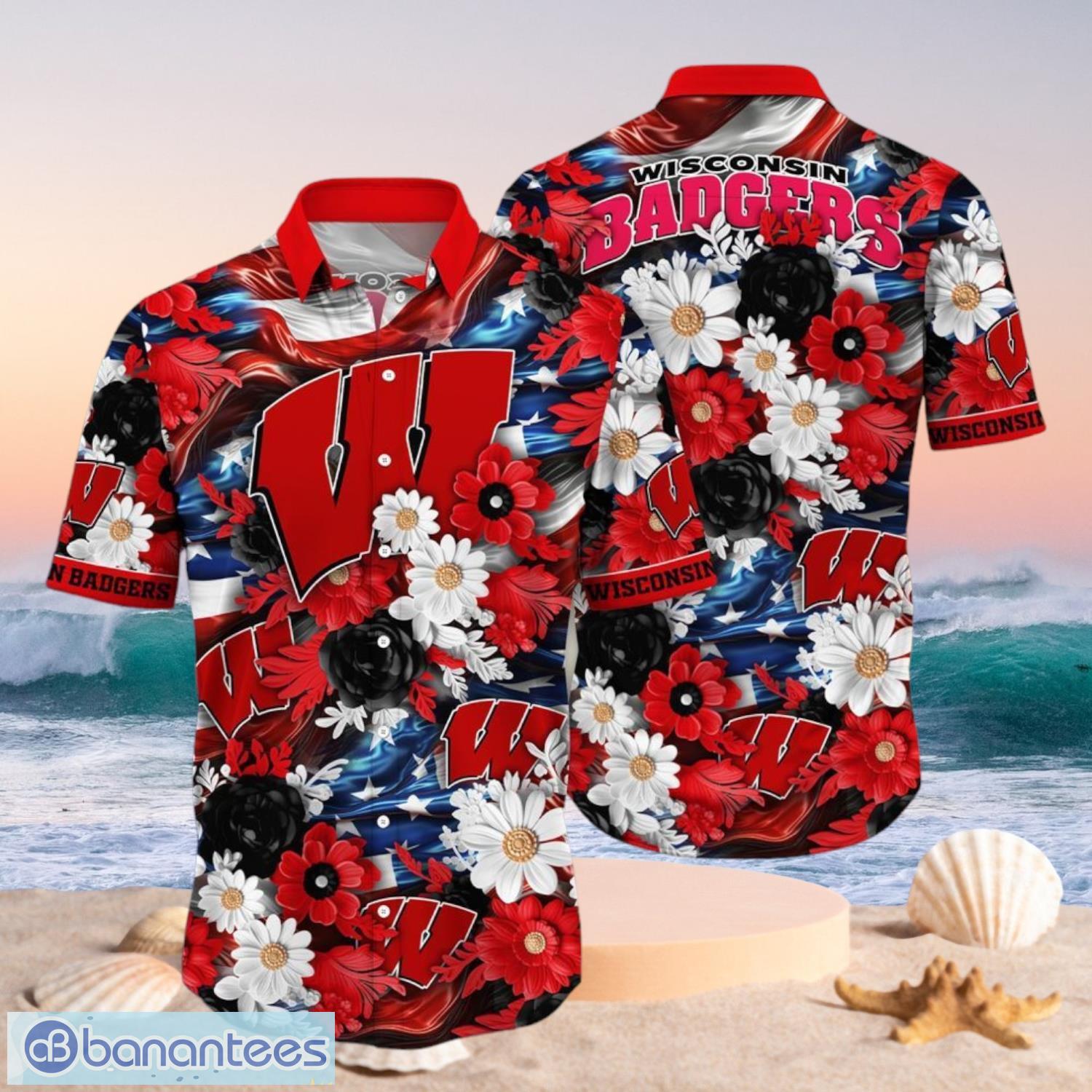 ncaa wisconsin badgers design logo gift for fan independence day hawaii shirt full over print image NCAA Wisconsin Badgers Design Logo Gift For Fan Independence Day Hawaii Shirt Full Over Print Product Photo 1