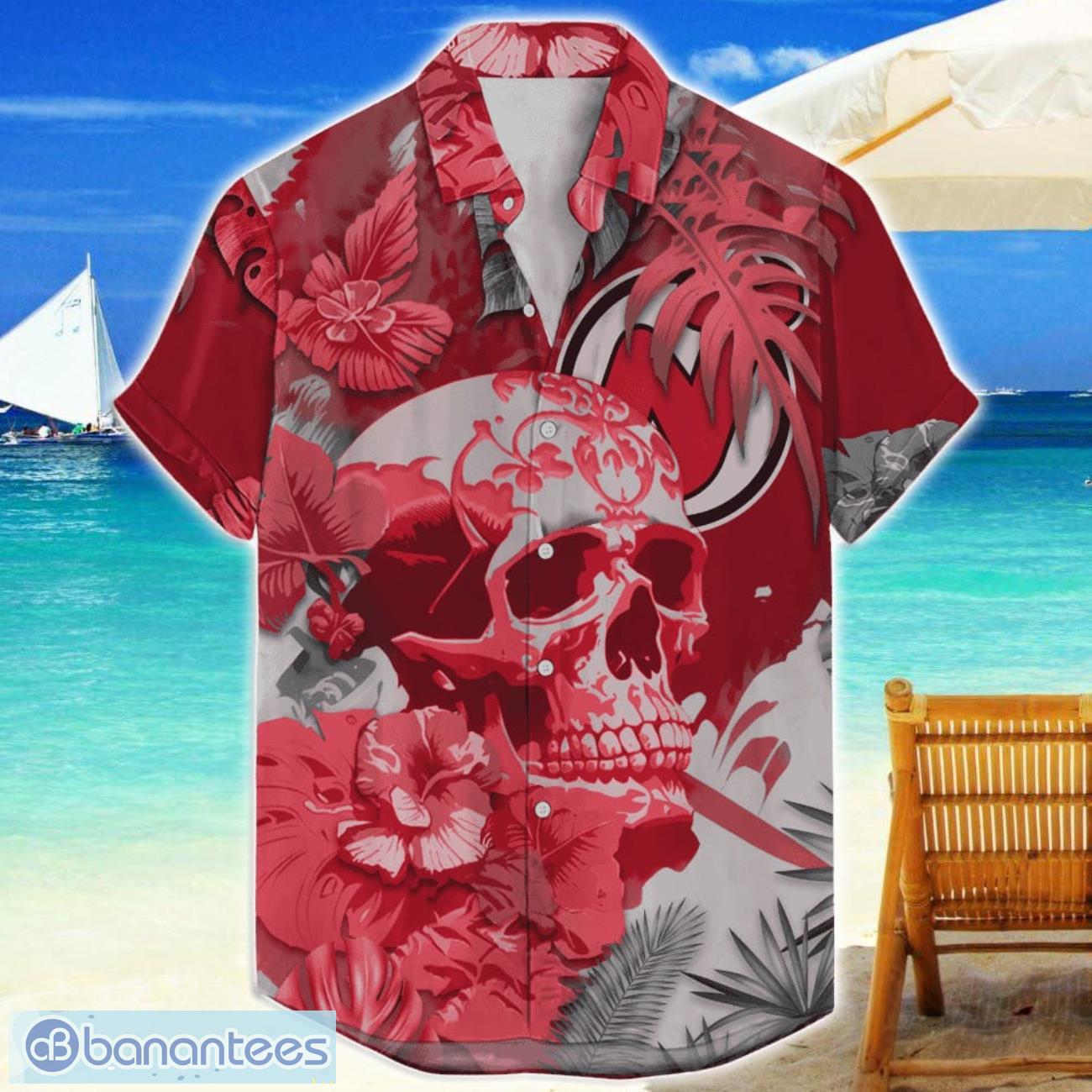 new jersey devils skull flower hawaiian shirt nhl halloween gift for sports fans image New Jersey Devils Skull Flower Hawaiian Shirt NHL Halloween Gift For Sports Fans Product Photo 1
