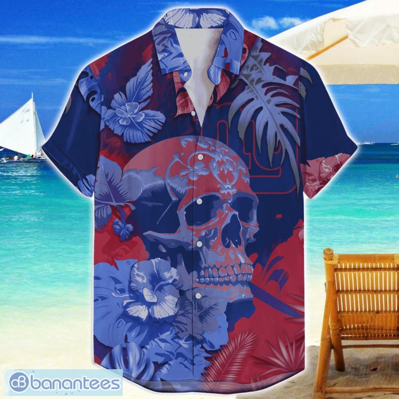 new york giants skull flower hawaiian shirt nfl halloween gift for sports fans image New York Giants Skull Flower Hawaiian Shirt NFL Halloween Gift For Sports Fans Product Photo 1