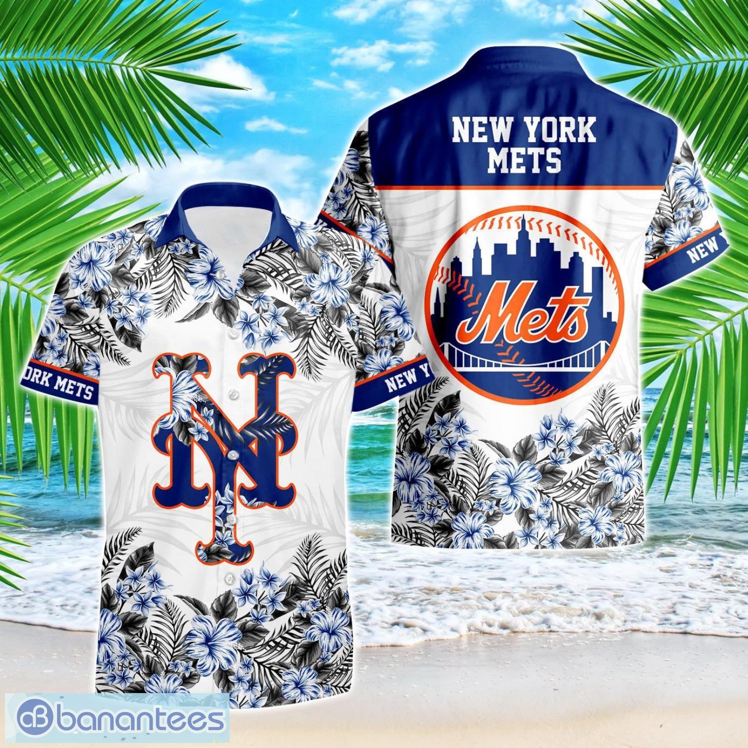 new york mets hibiscus plumeria flower 3d printed hawaiian shirt image New York Mets Hibiscus Plumeria Flower 3D Printed Hawaiian Shirt Product Photo 1