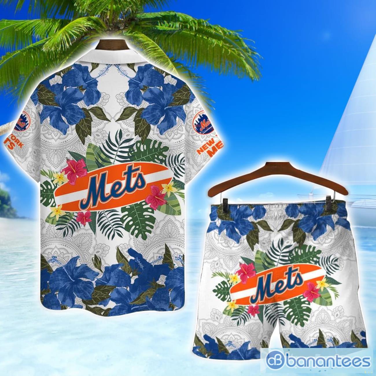 new york mets mlb summer flower pattern tropical hawaiian shirt and shorts 1 image New York Mets MLB Summer Flower Pattern Tropical Hawaiian Shirt And Shorts Product Photo 2