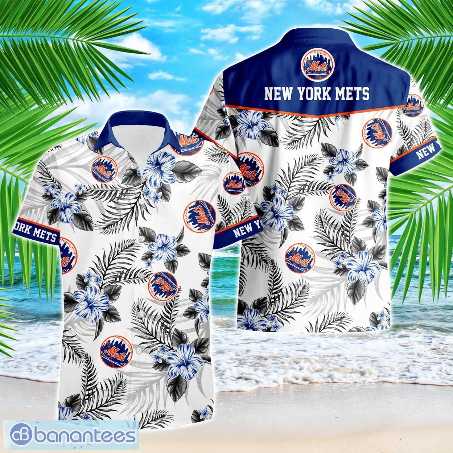 new york mets tropical floral logo hawaiian shirt image New York Mets Tropical Floral Logo Hawaiian Shirt Product Photo 1