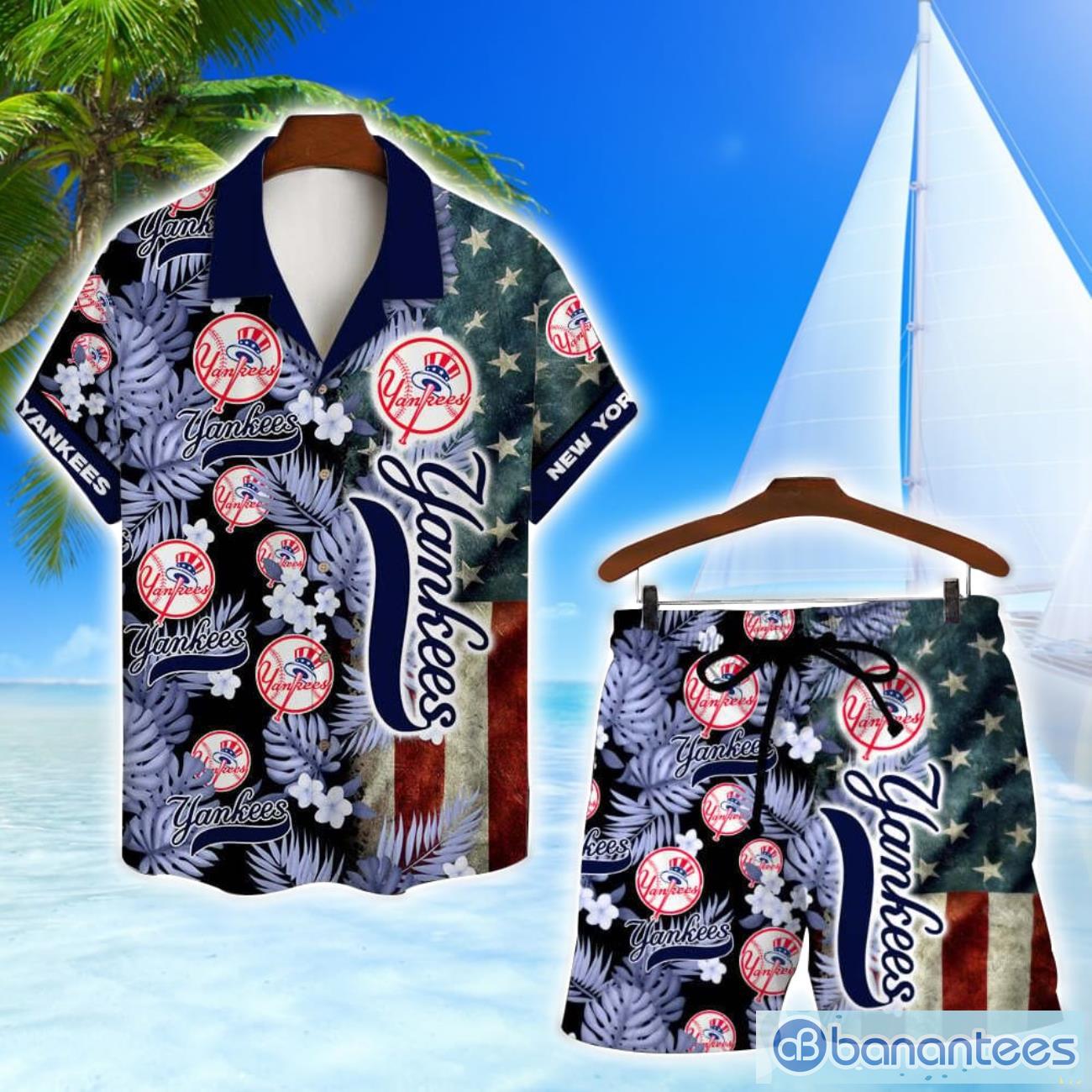 new york yankees mlb us flag summer tropical hawaiian shirt and shorts image New York Yankees MLB US Flag Summer Tropical Hawaiian Shirt And Shorts Product Photo 1