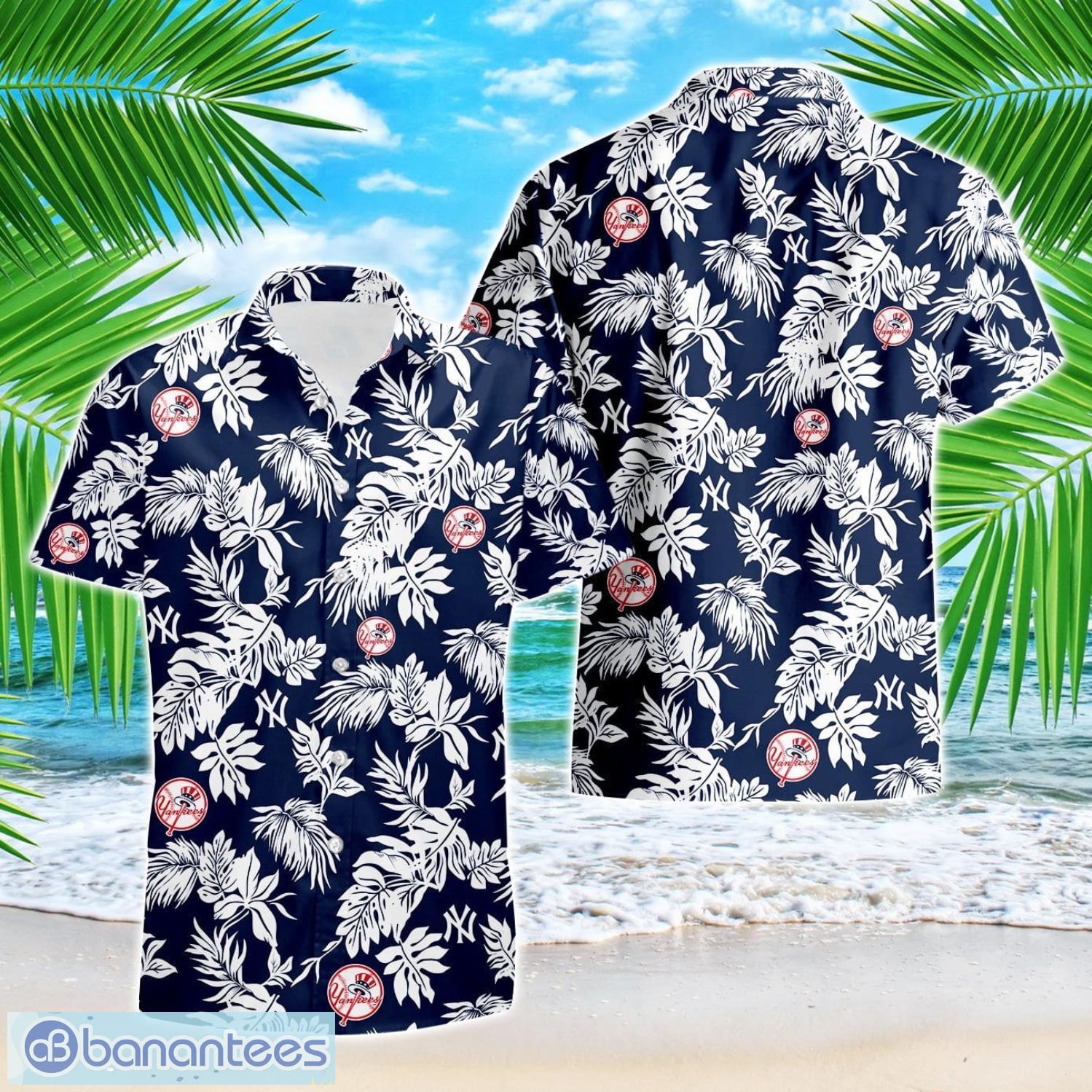 new york yankees tropical leaf 3d printed hawaiian shirt beach team gift image New York Yankees Tropical Leaf 3D Printed Hawaiian Shirt Beach Team Gift Product Photo 1