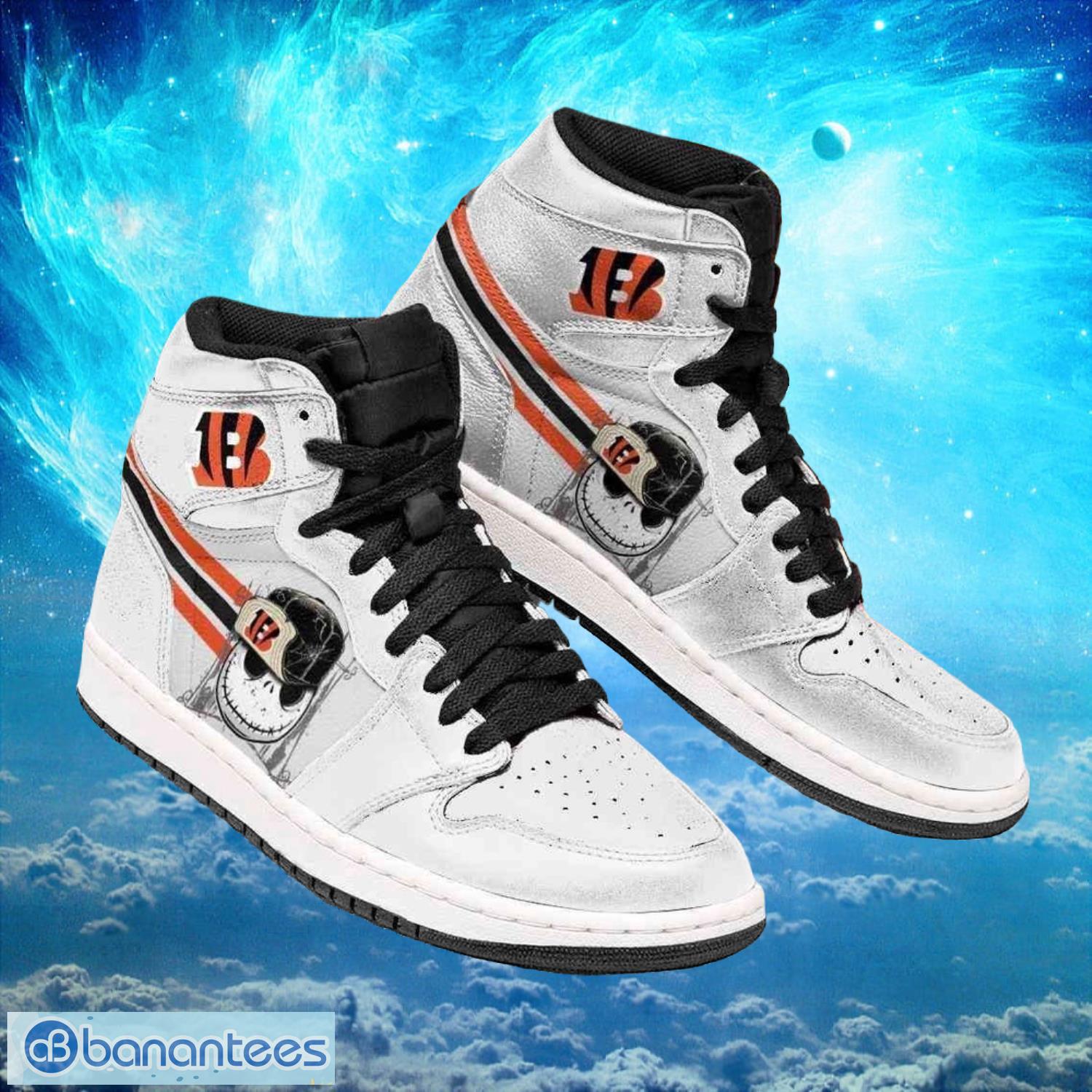 nfl cincinnati bengals custom jack skellington printing air jordan hightop shoes image NFL Cincinnati Bengals Custom Jack Skellington Printing Air Jordan Hightop Shoes Product Photo 1