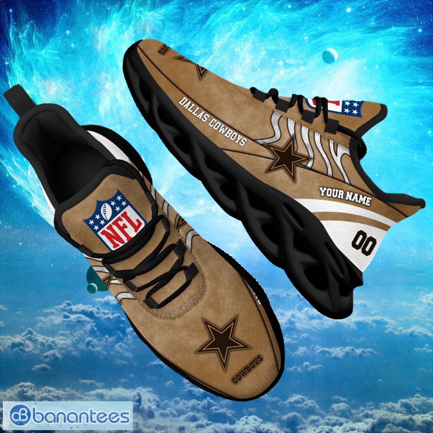 nfl dallas cowboys logo design background brown gift shoes for fans custom name and number max shoes image NFL Dallas Cowboys Logo Design Background Brown Gift Shoes For Fans Custom Name And Number Max Shoes Product Photo 1